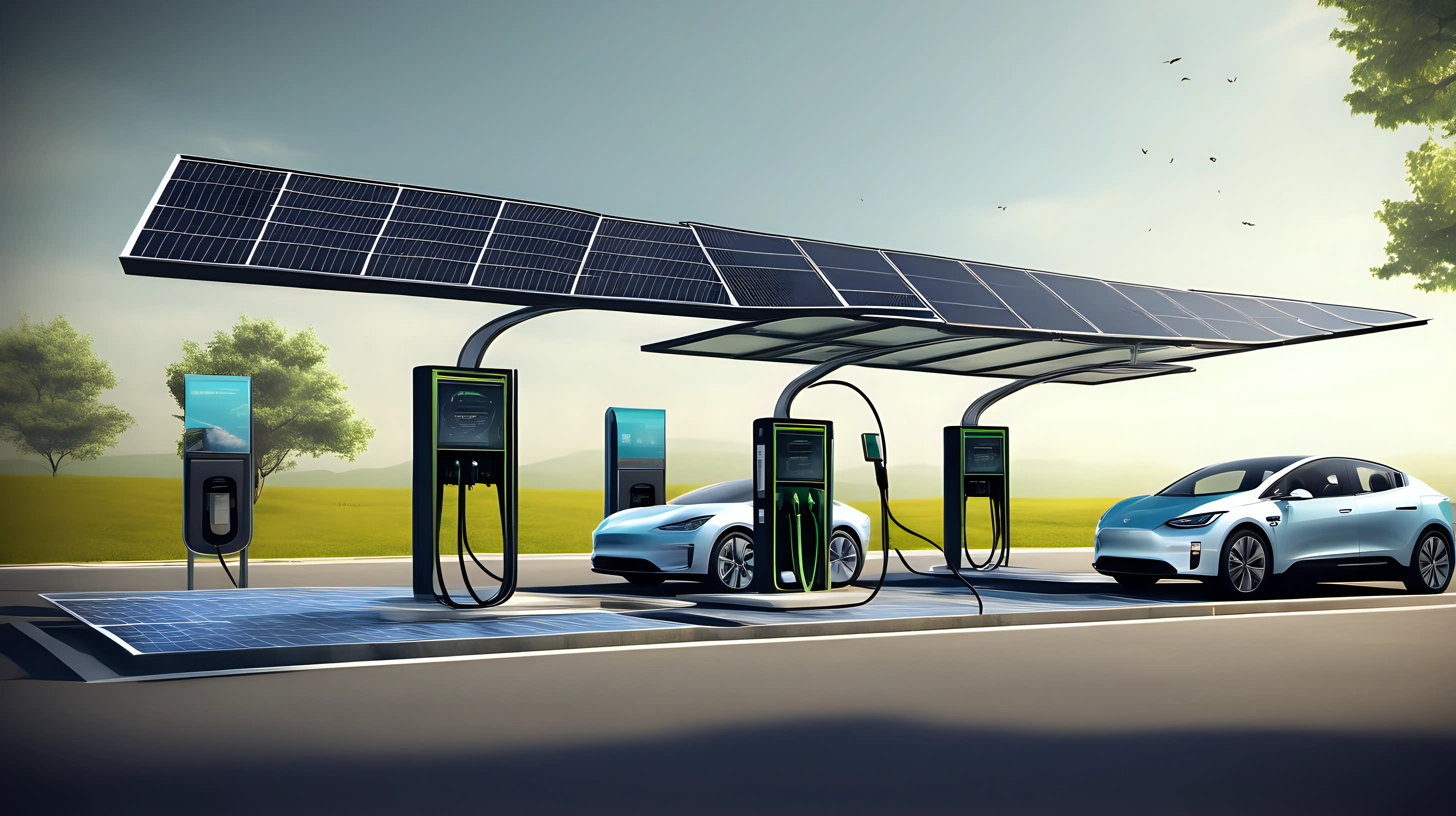"Generate a visual concept of an electric car charging station powered by solar panels, emphasizing the synergy between renewable energy and sustainable transportation."