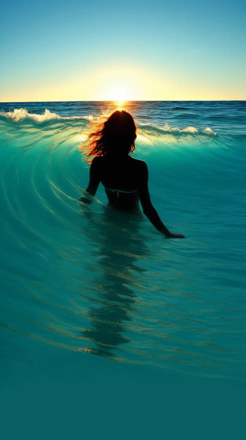 Tranquil Sunrise Woman Enjoying Waves in Crystal Clear Aqua Blue Water V6