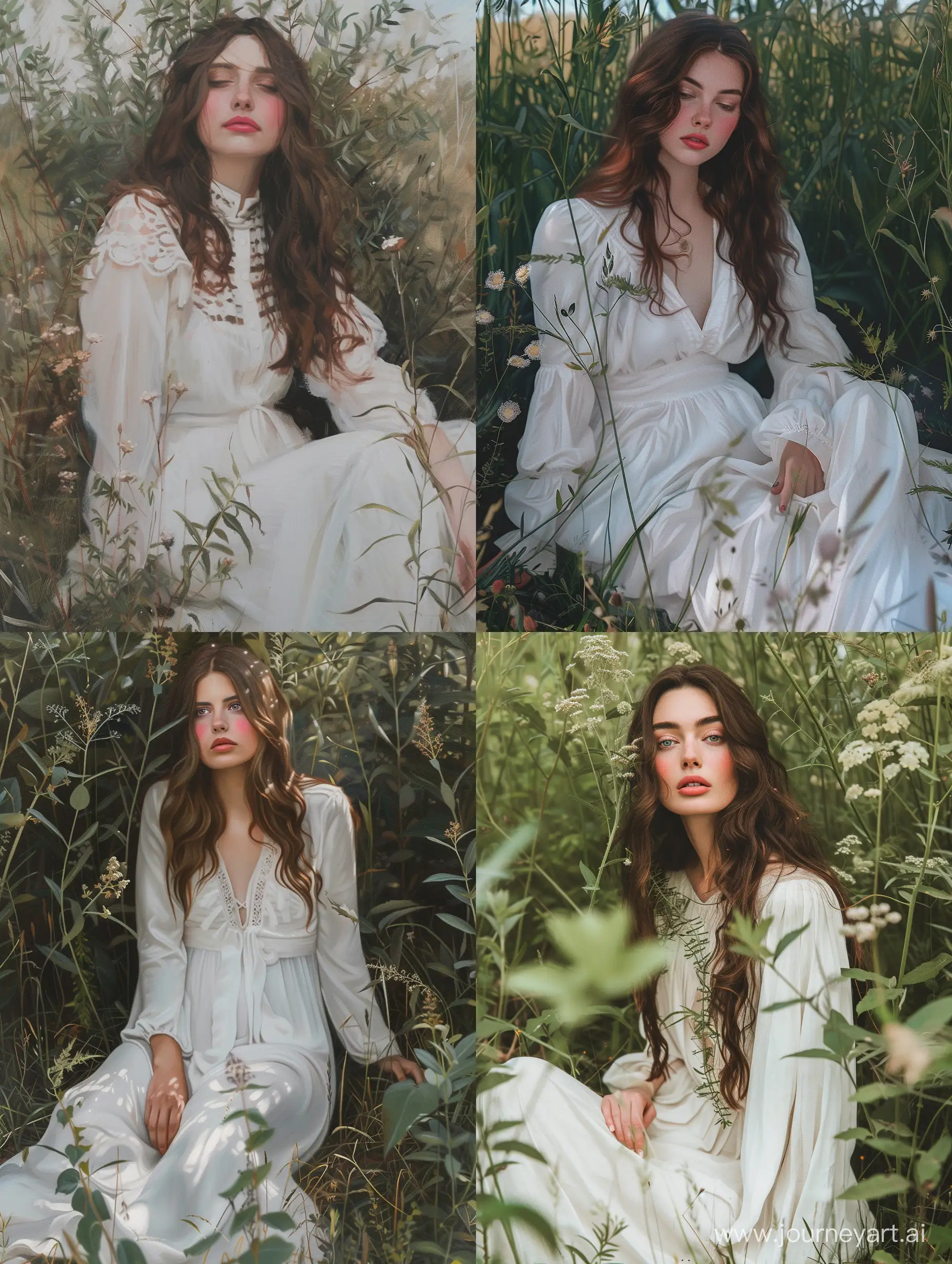 Impressionism Portrait of a woman wearing white long dress,sitting between wild plants in field,rosy cheeks,pink lips, brown long hair , visible paint brush strokes, artwork