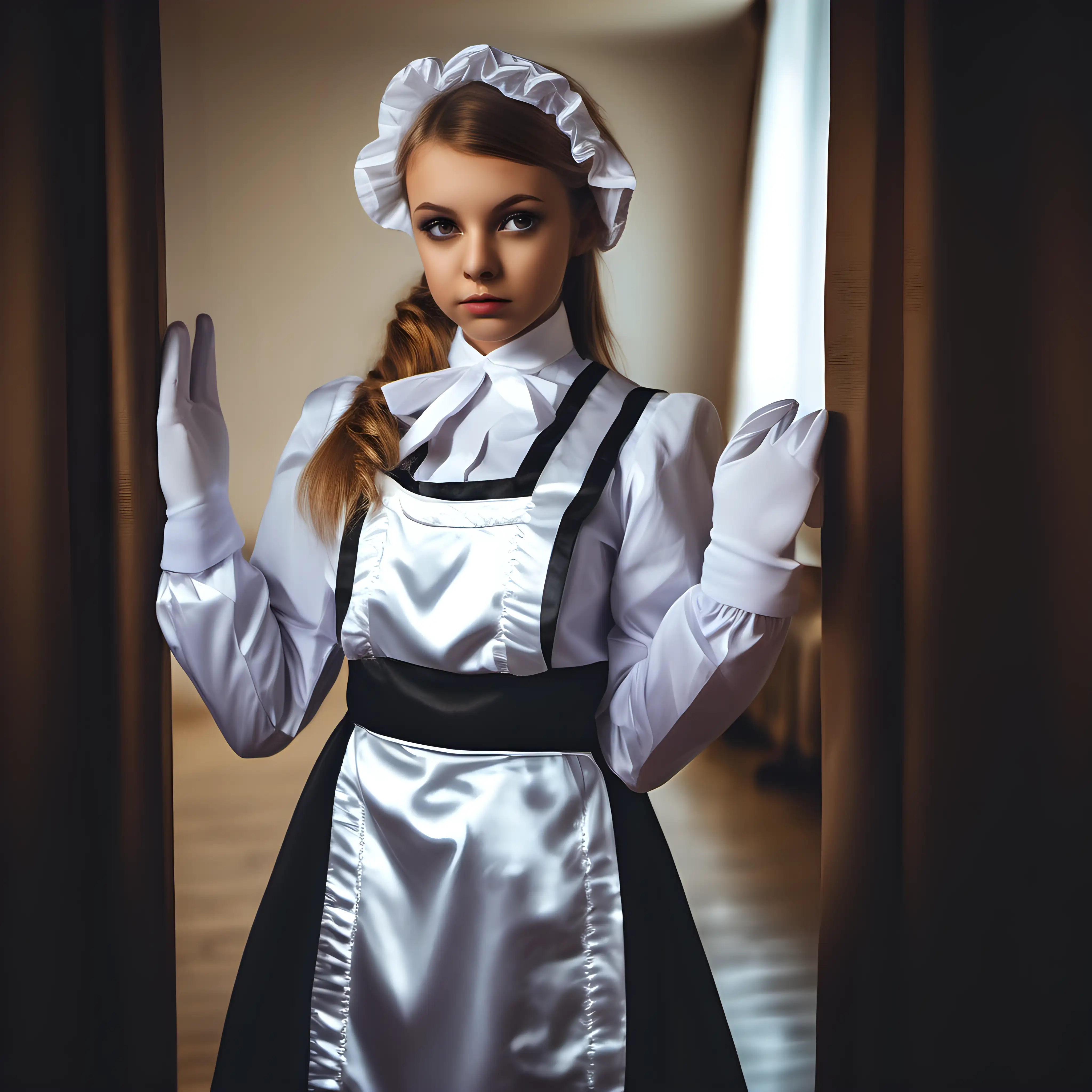 european Girl in satin long maid uniforms