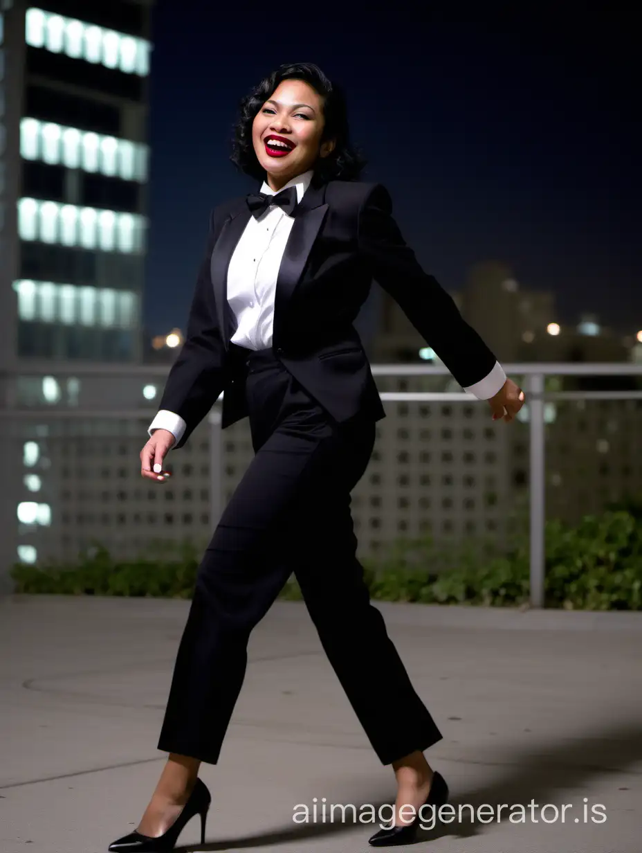 Elegant-Filipino-Woman-Walking-Near-Tall-Building-at-Night