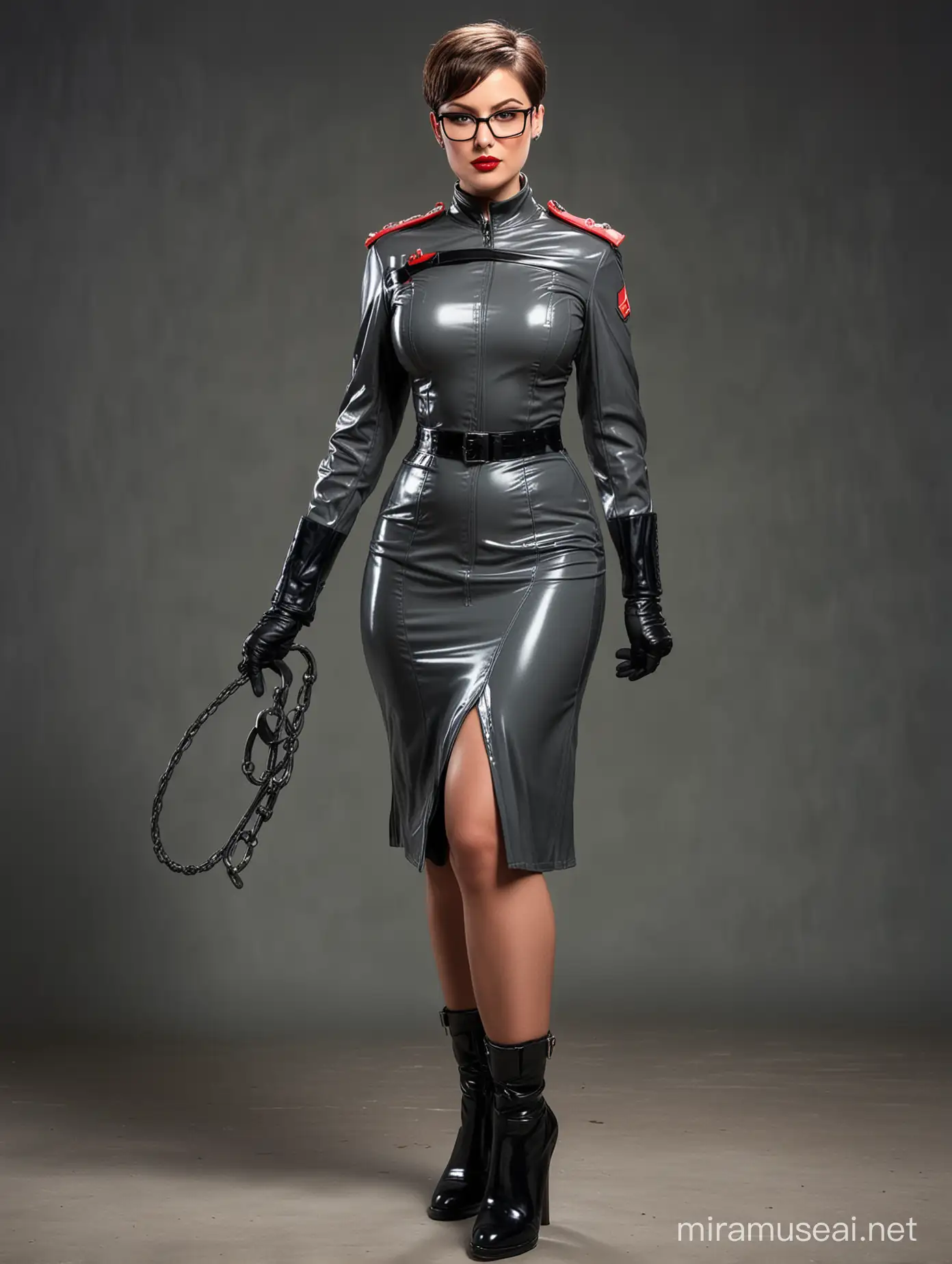 beautiful, elegant, superior, female military officer, very short hair, glasses, full chubby figure, red lips, full, very shiny grey latex uniform, long skirt, boots, gloves, serious look, ready to interrogate prisoner, holding short whip, 