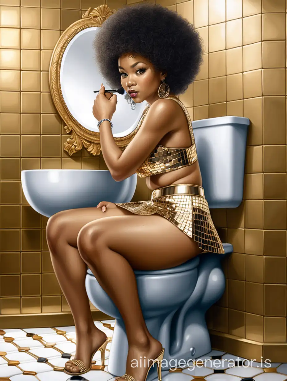 Afro hair styled volouptuious blasian woman  sitting on a toilet with her knickers  round her ankles her short skirt hitched up round her waist. she is leaning backwards fixing her make up using a small round gold rimmed mirror. the wall is covered with mirror reflective tiles

