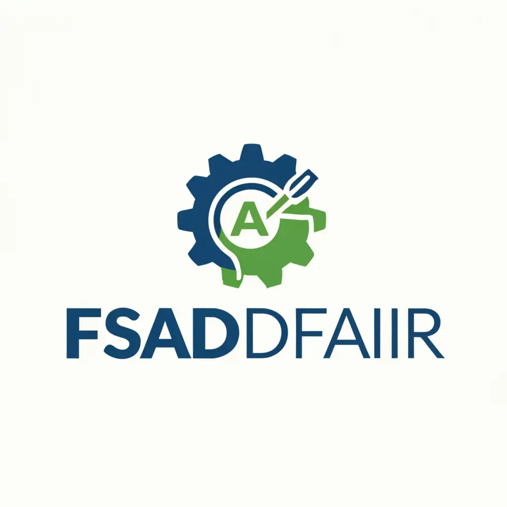 a logo design,with the text "FSAD FAIR", main symbol:Scientific Writing Competition, Use element gear six tooth, pen. Simple and Elegant. Blue and Green Color.,Moderate,be used in Events industry,clear background