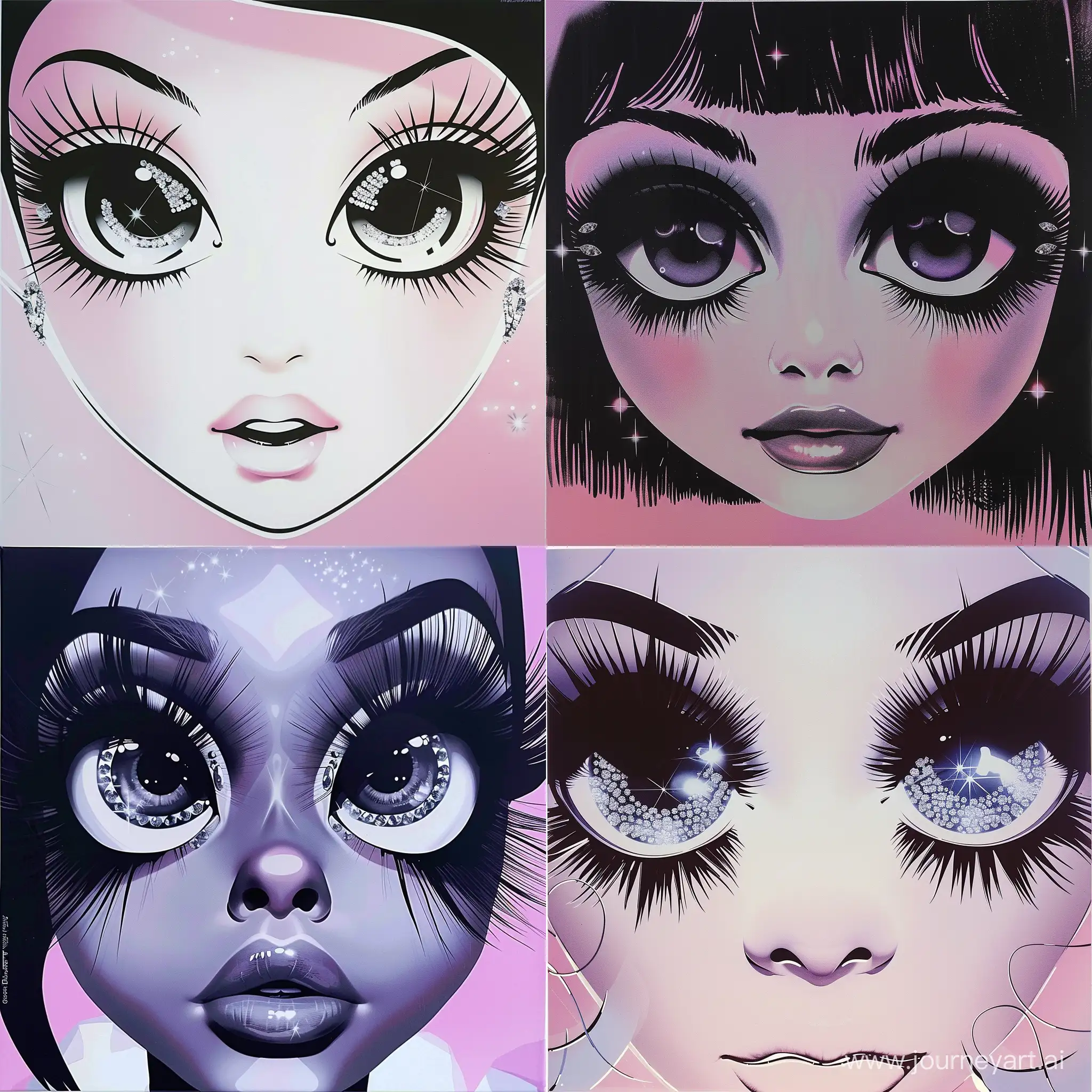 a picture of a girl with large cartoon eyes, long eyelashes, with a glam makeup, diamond detail placements, album covers, light magenta and black --v 6 --ar 1:1 --no 32022