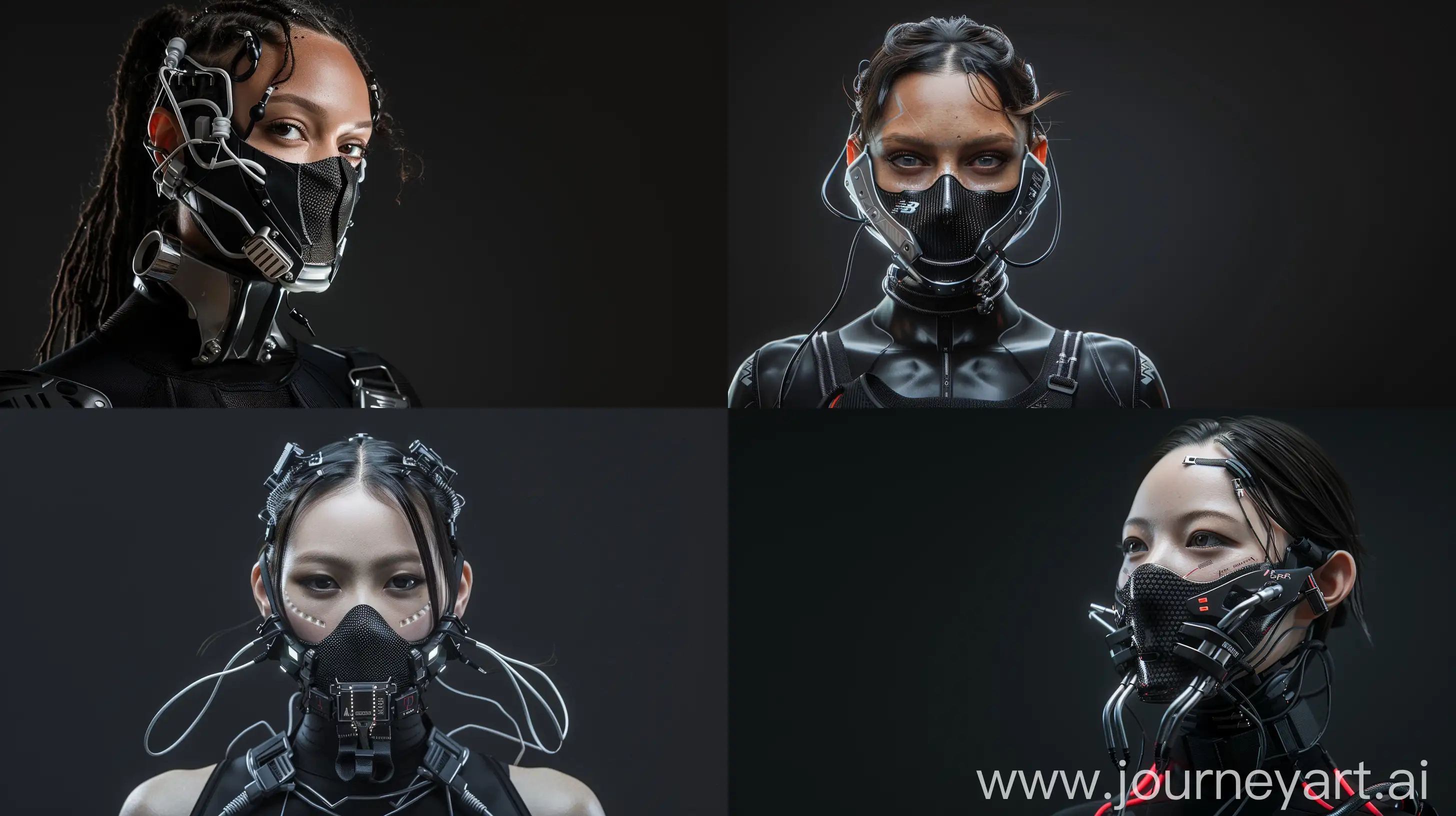 Against a sleek black backdrop, witness the captivating presence of a Beautiful characther adorned with a cybernetic mouth covering mask. It seamlessly merges cutting edge technology with intricate details, showcasing carbon fiber textures, sleek aluminum accents, and pulsating wires. Symbolizing the delicate equilibrium between humanity and machine, her appearance embodies the essence of a futuristic cyberpunk aesthetic, further accentuated by New Balance inspired add ons. With dynamic movements reminiscent of action packed film sequences, accompanied by cinematic haze and an electric energy, she exudes an irresistible allure that commands attention --v 6 --ar 16:9
