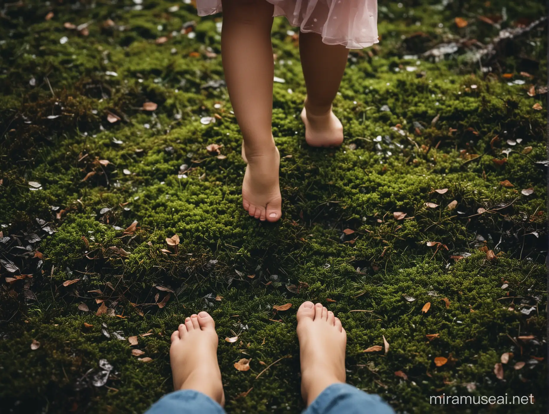 Nighttime Stroll Little Girls Bare Feet on Moss in Enchanted Forest