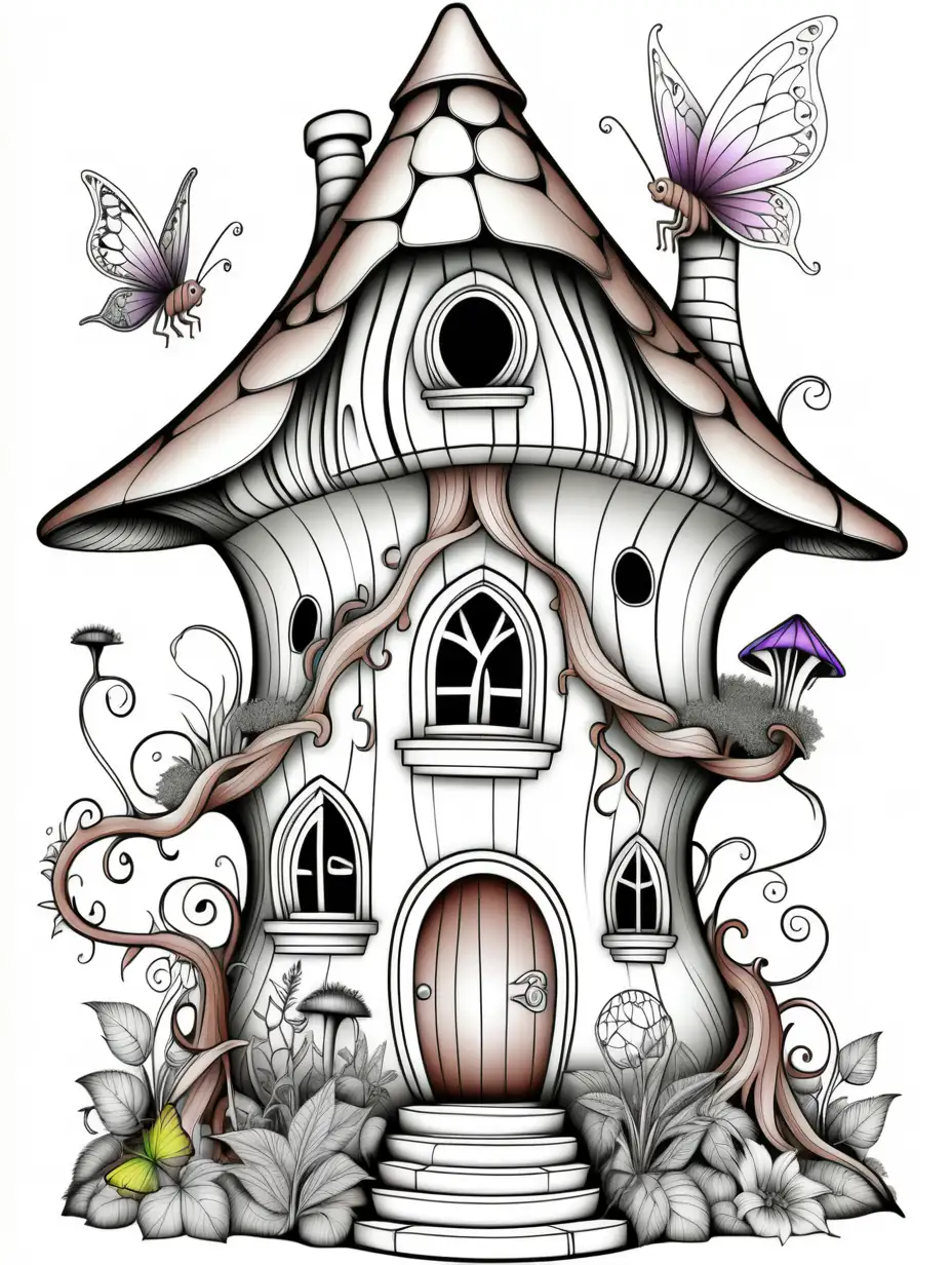 adult coloring page, faerie home, no shading
