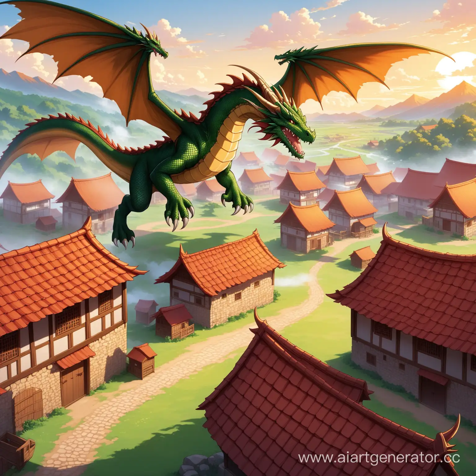 Village-Threatened-by-Fierce-Dragon-Heroic-Standoff-in-Fantasy-Landscape