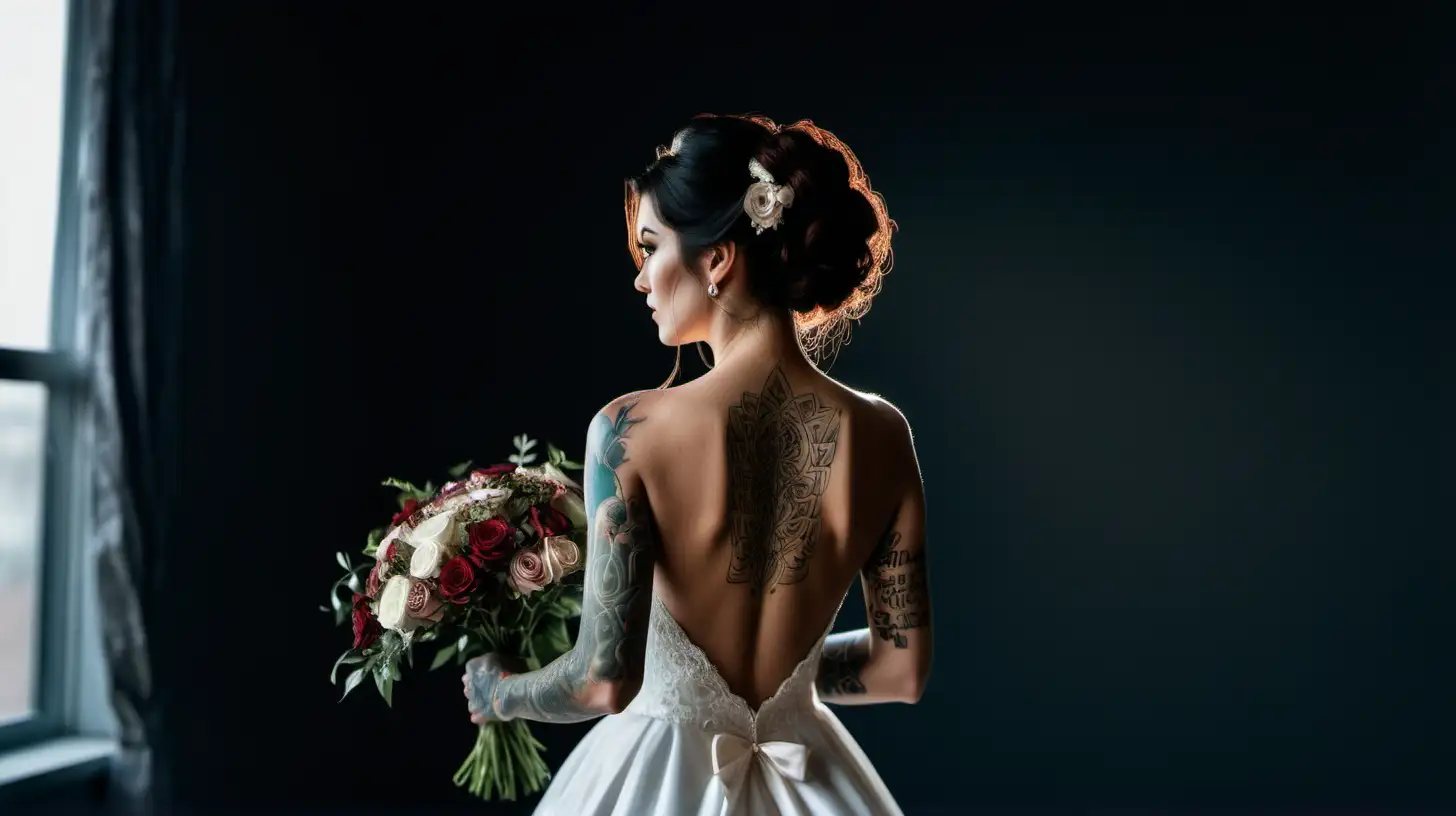 Dark Room Wedding Sensual Bride with Tattoo and Bouquet