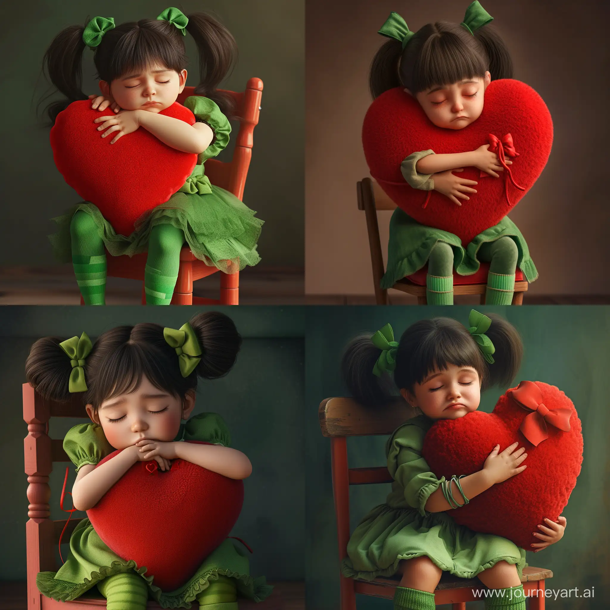 Adorable-DarkHaired-Fantasy-Toddler-Embracing-Plush-Red-Heart-in-Green-Dress