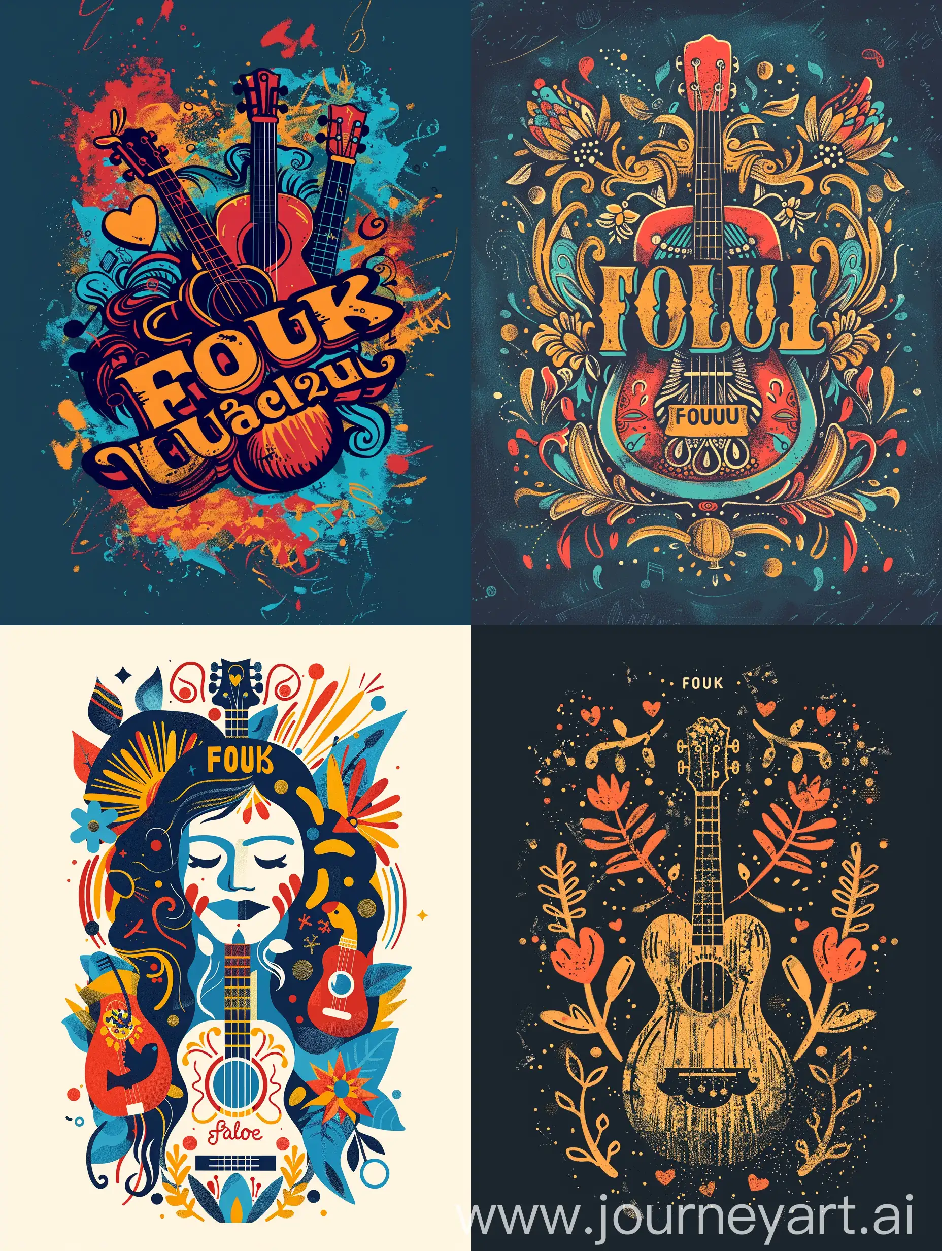 Create a captivating t-shirt design featuring the phrase "FOLK Guitare et Ukulélé" as the focal point. Incorporate elements that reflect music, love, and peace. Consider using bold typography, vibrant colors, and symbolic imagery to convey the message effectively.