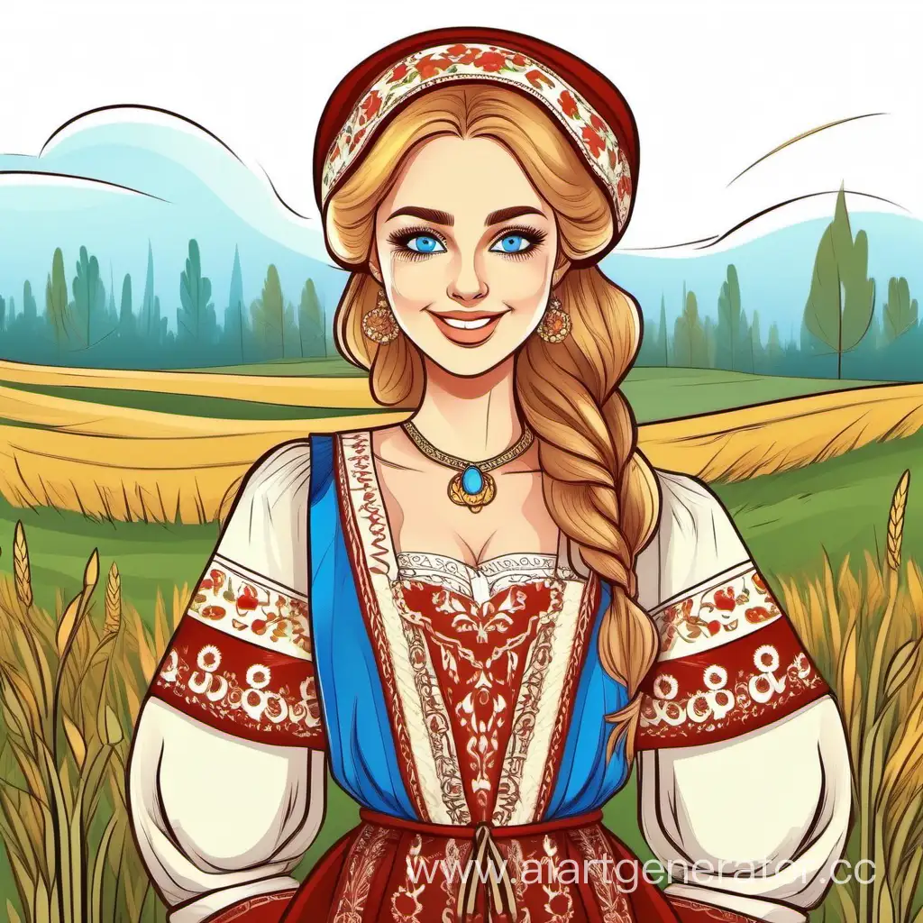 русская красавица с большими голубыми глазами в народном костюме стоит прямо в поле и улыбается стиль мультика