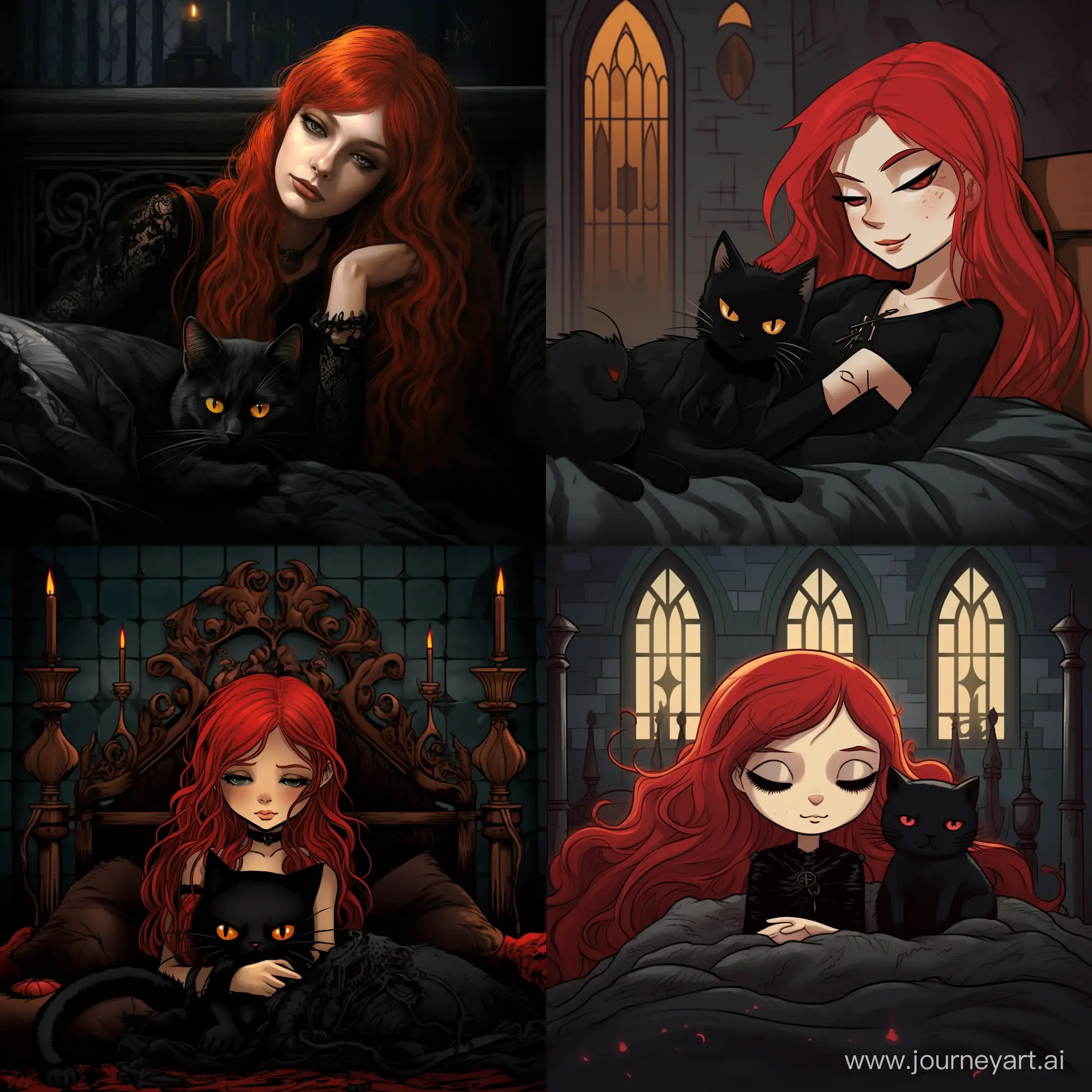 RedHaired-Gothic-Girl-Sleeping-with-Gothic-Cat-on-Bed