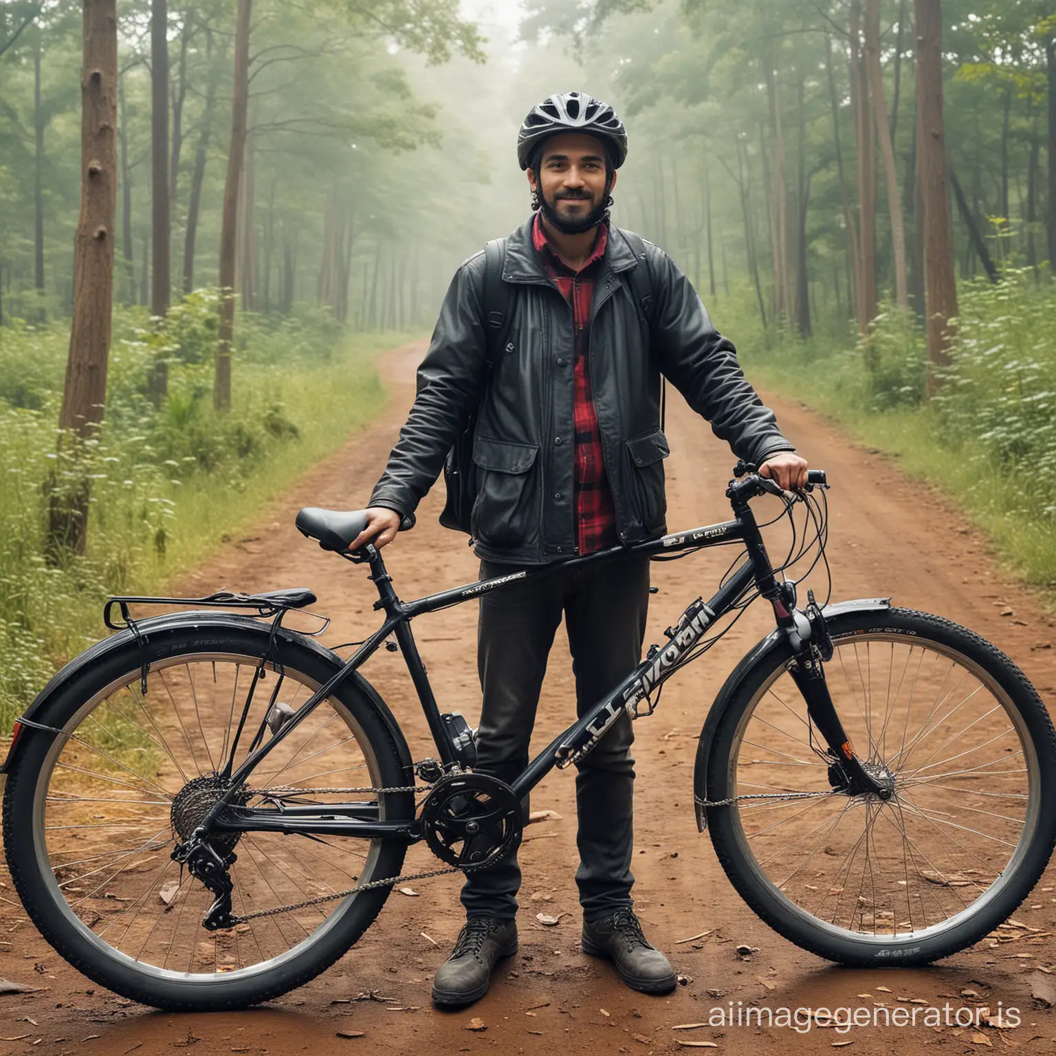 Generate a photo of a bicycle with its owner standing proudly beside it. The owner should exude a sense of adventure and passion for cycling, perhaps wearing biking gear or holding biking accessories. The setting should be outdoors, preferably in a scenic location such as a park, forest trail, or mountainous terrain. The photo should capture the joy and freedom associated with cycling, with the bike and its owner as the focal points of the image.