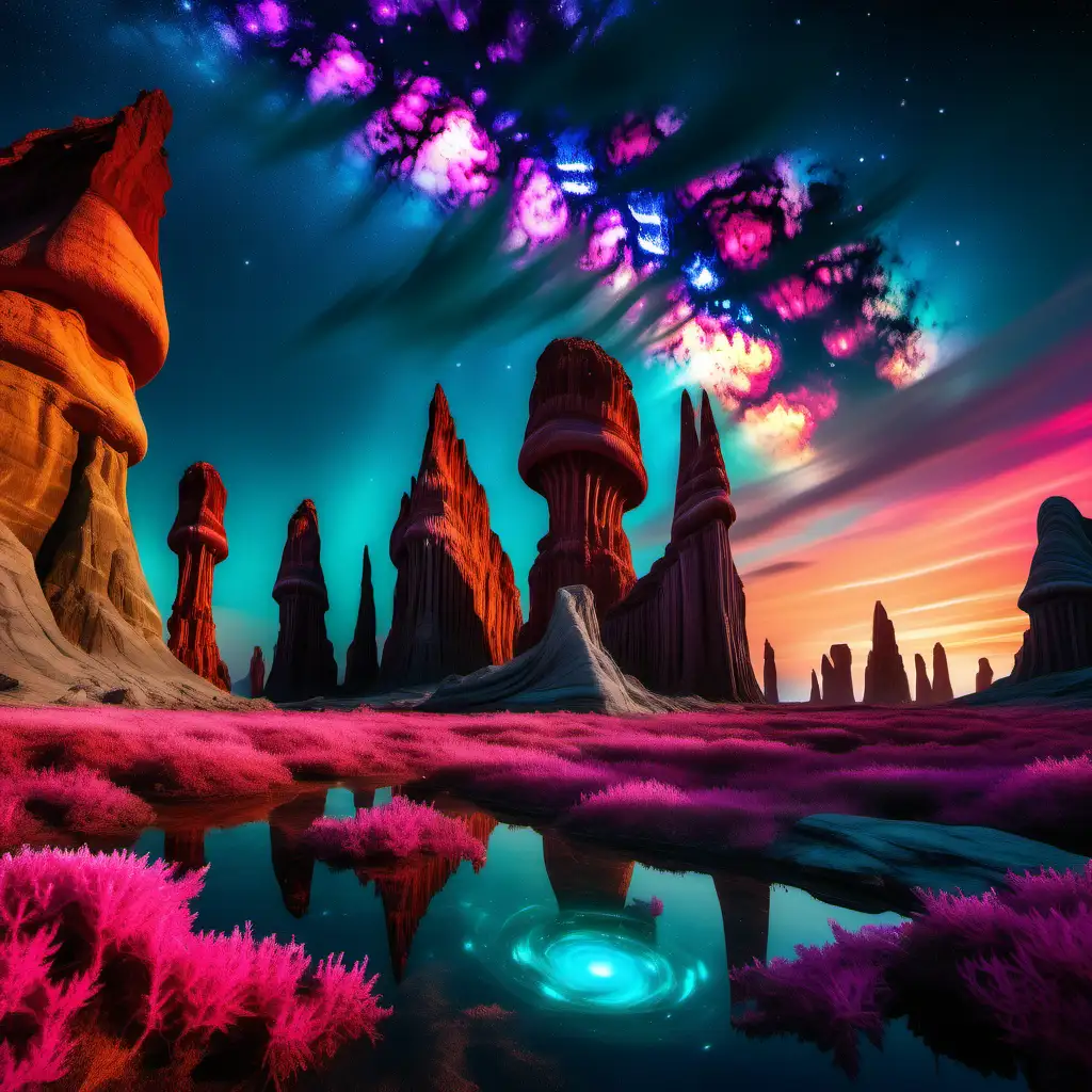A surreal alien landscape with towering rock formations, glowing bioluminescent plants, and a vibrant sky filled with swirling colors, shot with Sony Alpha a9 II and Sony FE 200-600mm f/5.6-6.3 G OSS lens, natural light, hyper realistic photograph, ultra detailed