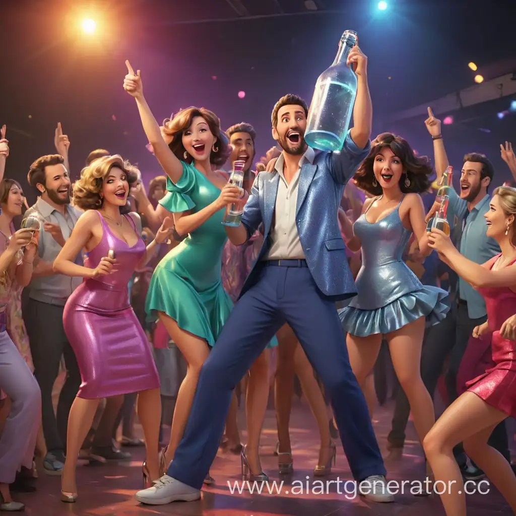 Colorful-Cartoon-Adults-Dancing-at-Disco-Party-with-Oversized-Bottle