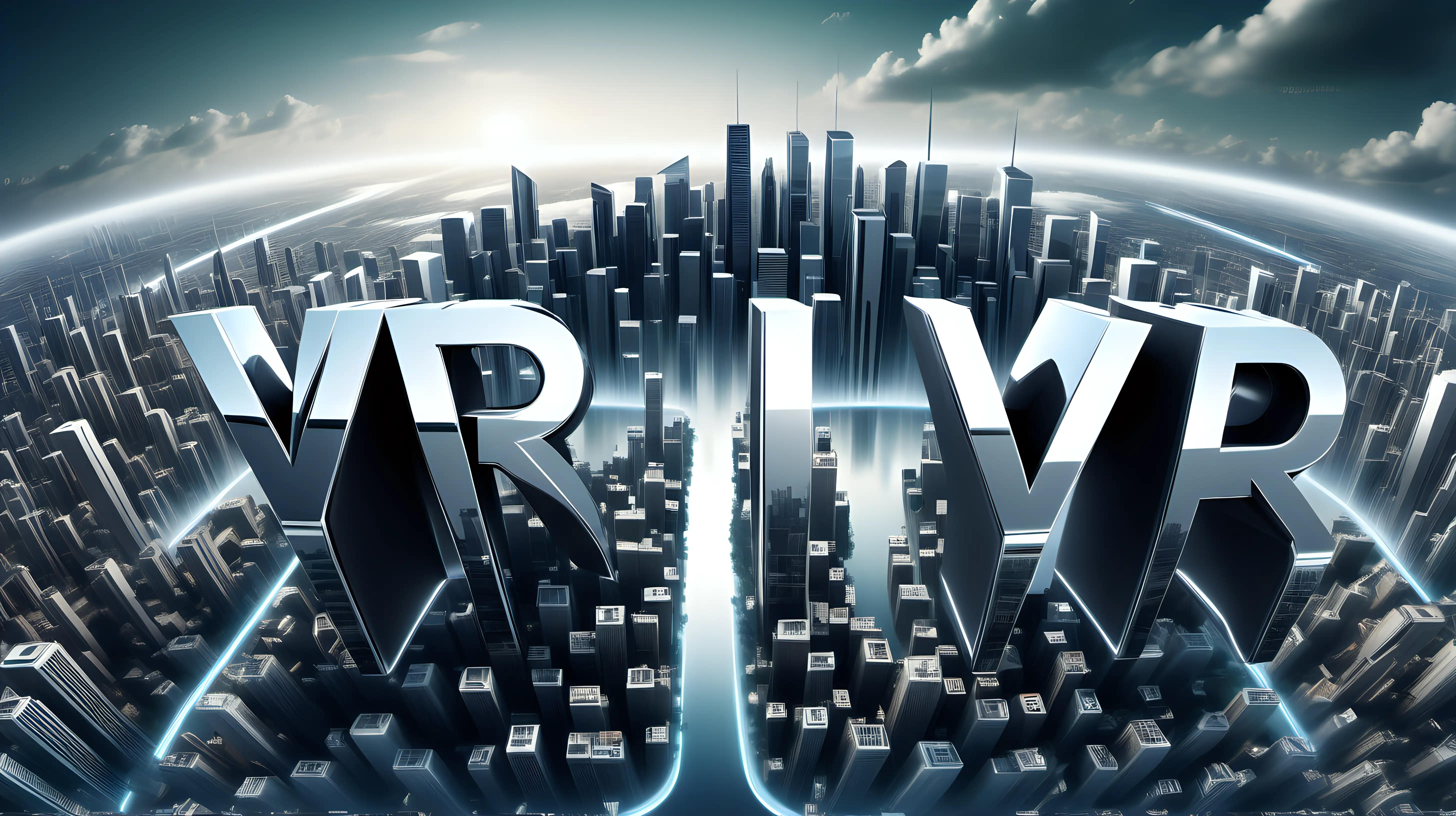 "VR" depicted in sleek, chrome lettering hovering over a digital cityscape, reflecting the futuristic nature of virtual reality technology.
