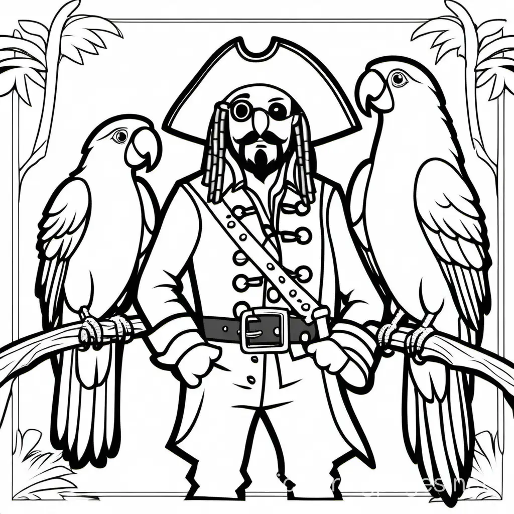 one pirate and two parrots, Coloring Page, black and white, line art, white background, Simplicity, Ample White Space. The background of the coloring page is plain white to make it easy for young children to color within the lines. The outlines of all the subjects are easy to distinguish, making it simple for kids to color without too much difficulty