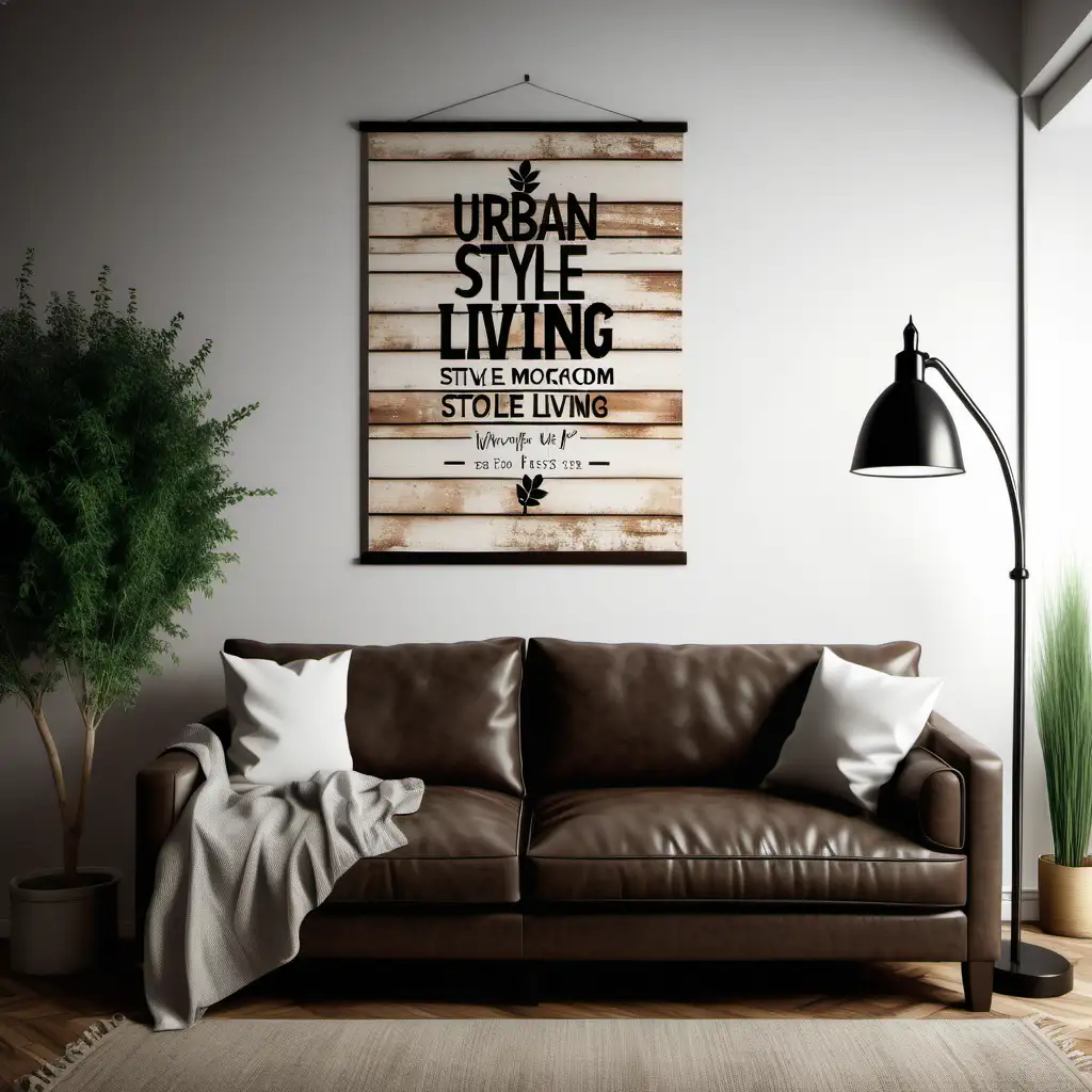 Rustic Wooden Poster Mockup in Urban Farmhouse Style Living Room