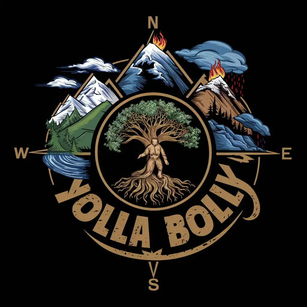 desing logo for clothing rugged outdoor clothing line called "Yolla Bolly",outline of mtn. peaks , 4 peaks , yolla bolly mtn. rang peaks, a compass with a mountain peak at each directional arrow,north mtn. snow coverd with water stream running down to south , east mtn. wind blowing , south mtn. fire on top of it , west mtn. has rain clouds raining ,tree of life centered in logo ,only use words "Yolla Bolly" in logo , bigfoot at base of tree