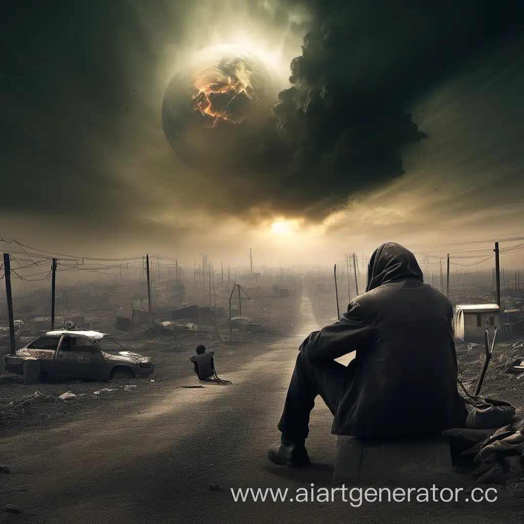 одинокий мужчина сидит на отшибе мира во время апокалипсиса