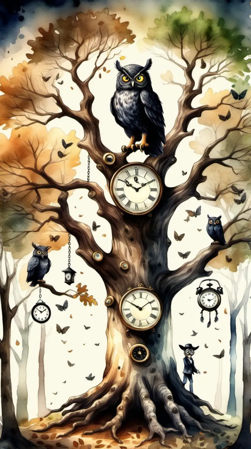 Create image of an oak tree in the forest, clocks on the tree, a black owl with a monocle, children gathering, use watercolor style