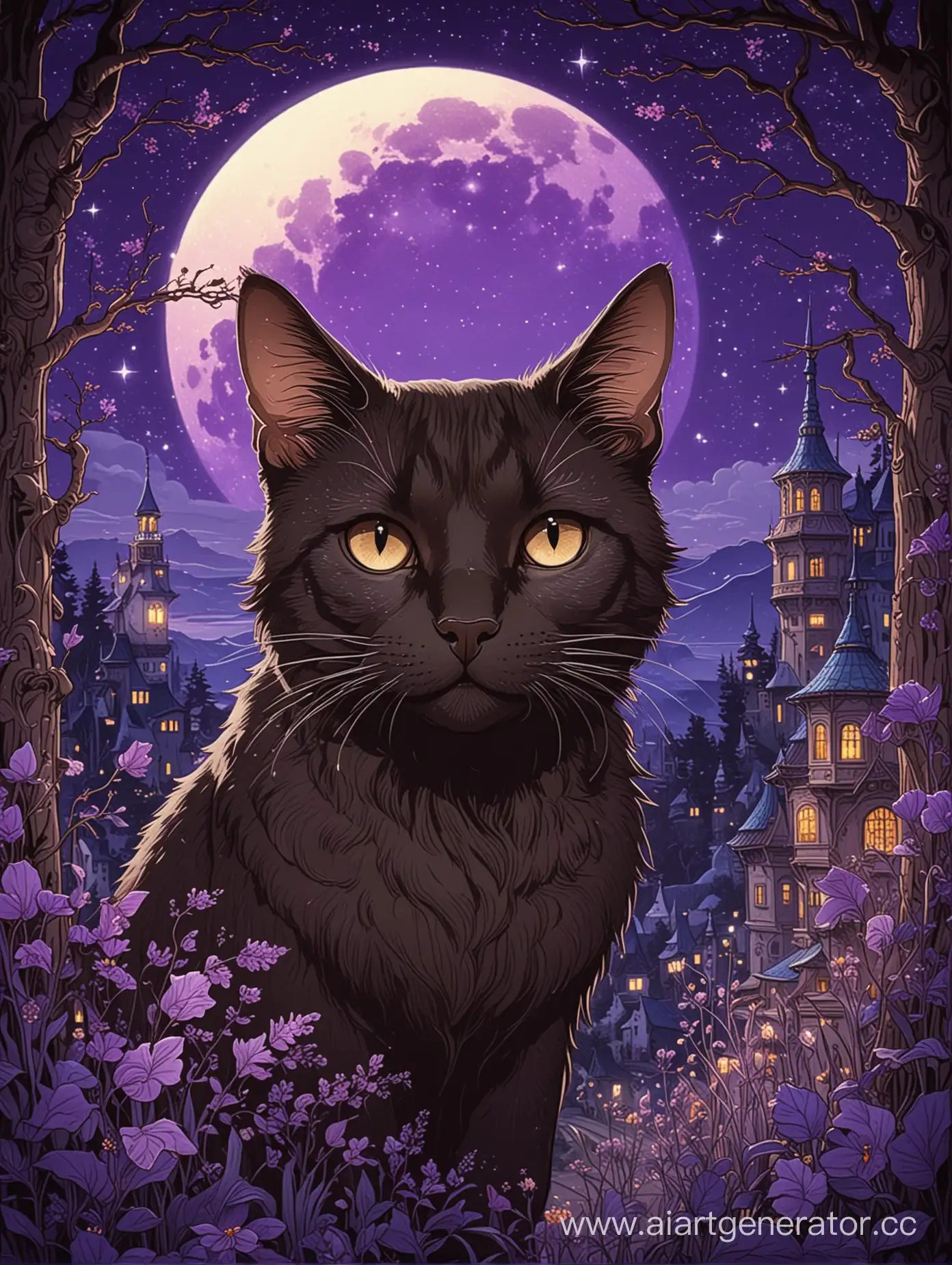Illustration for a fairy tale in the style of Bilibin, purple night background, dark brown cat's face only, eyes shining