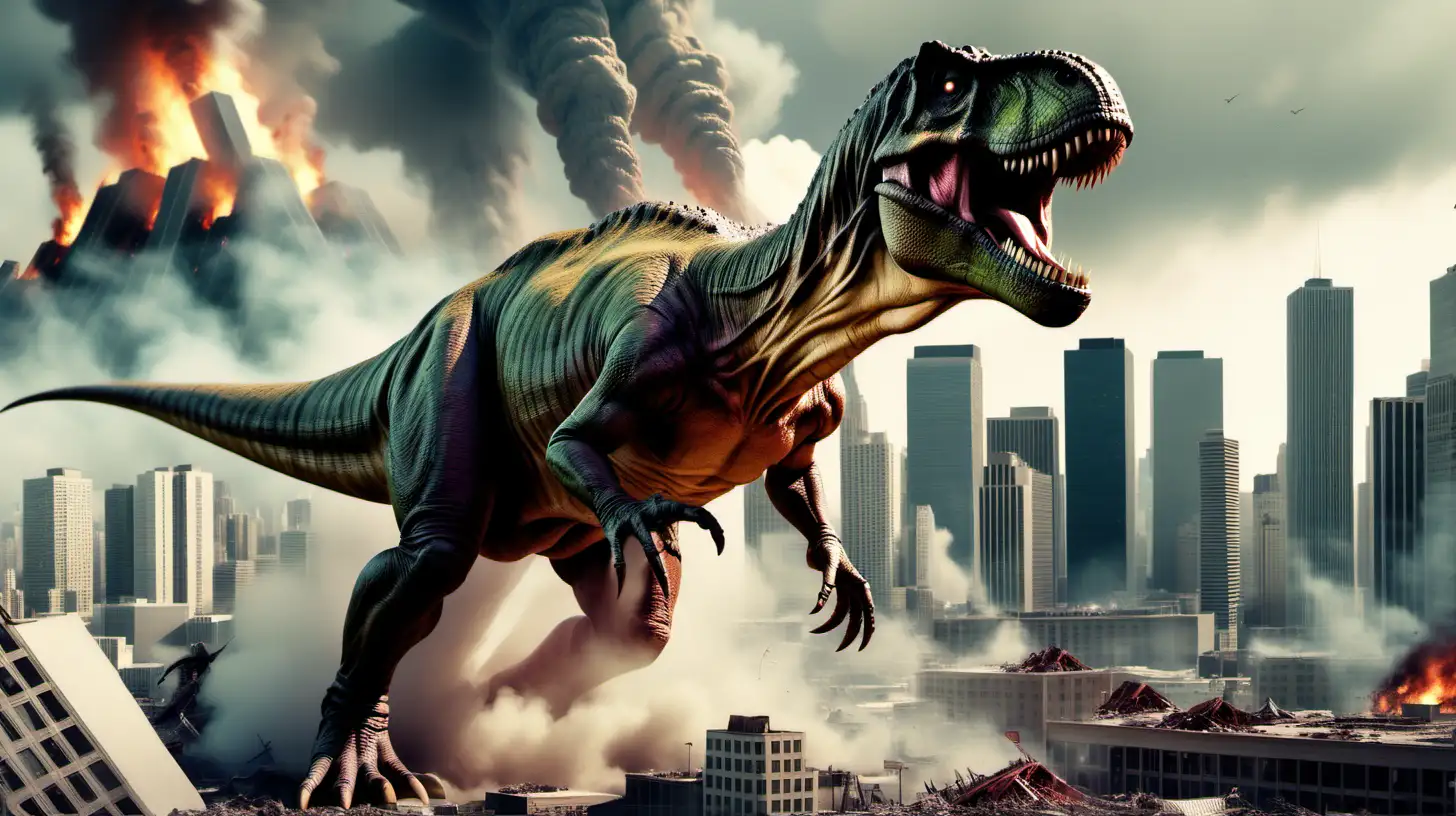 T rex destroying city creating havoc in realistic picture from the 80s
