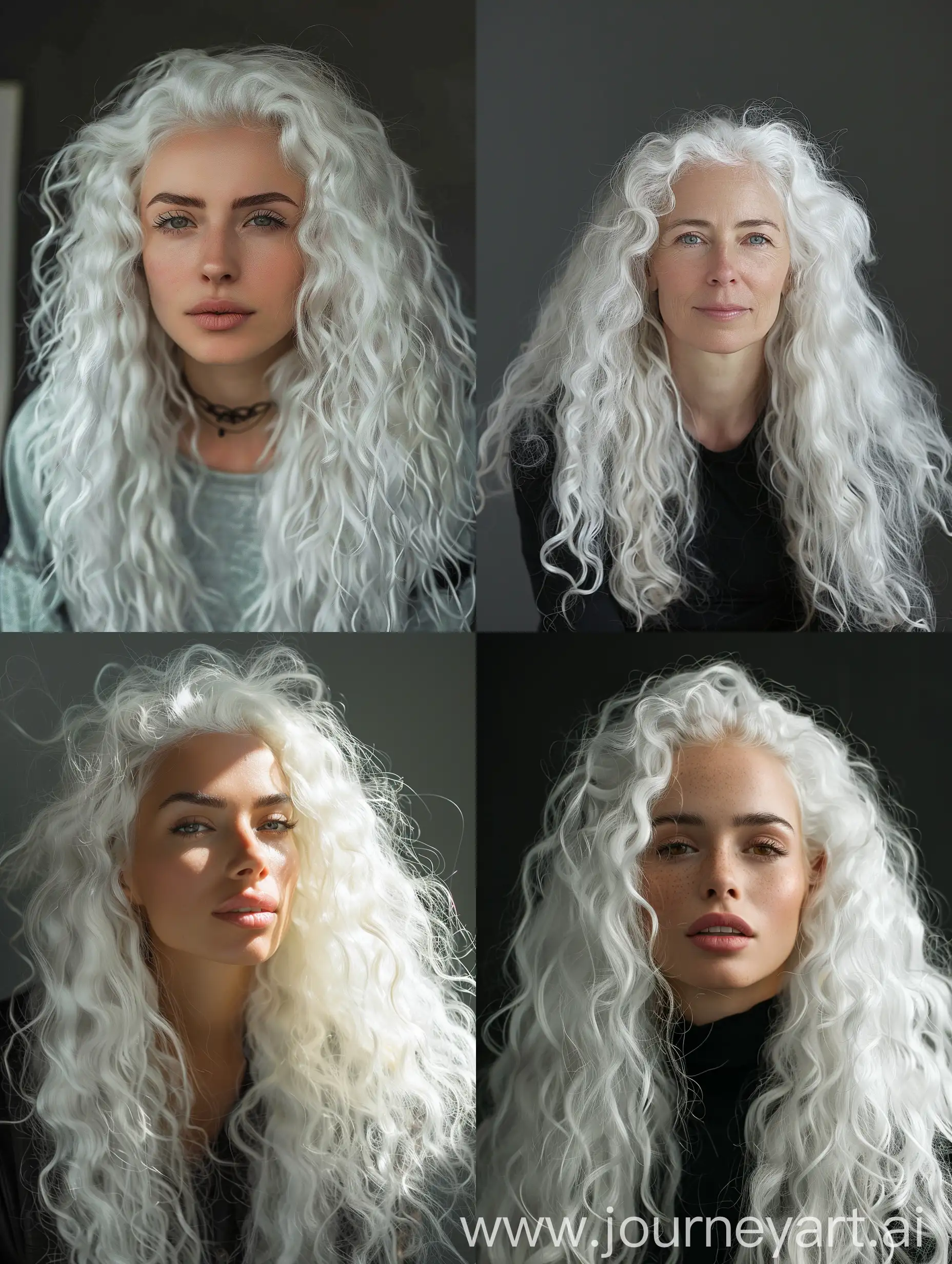  woman with long white curly hair, lighting from the front 3/4, photo