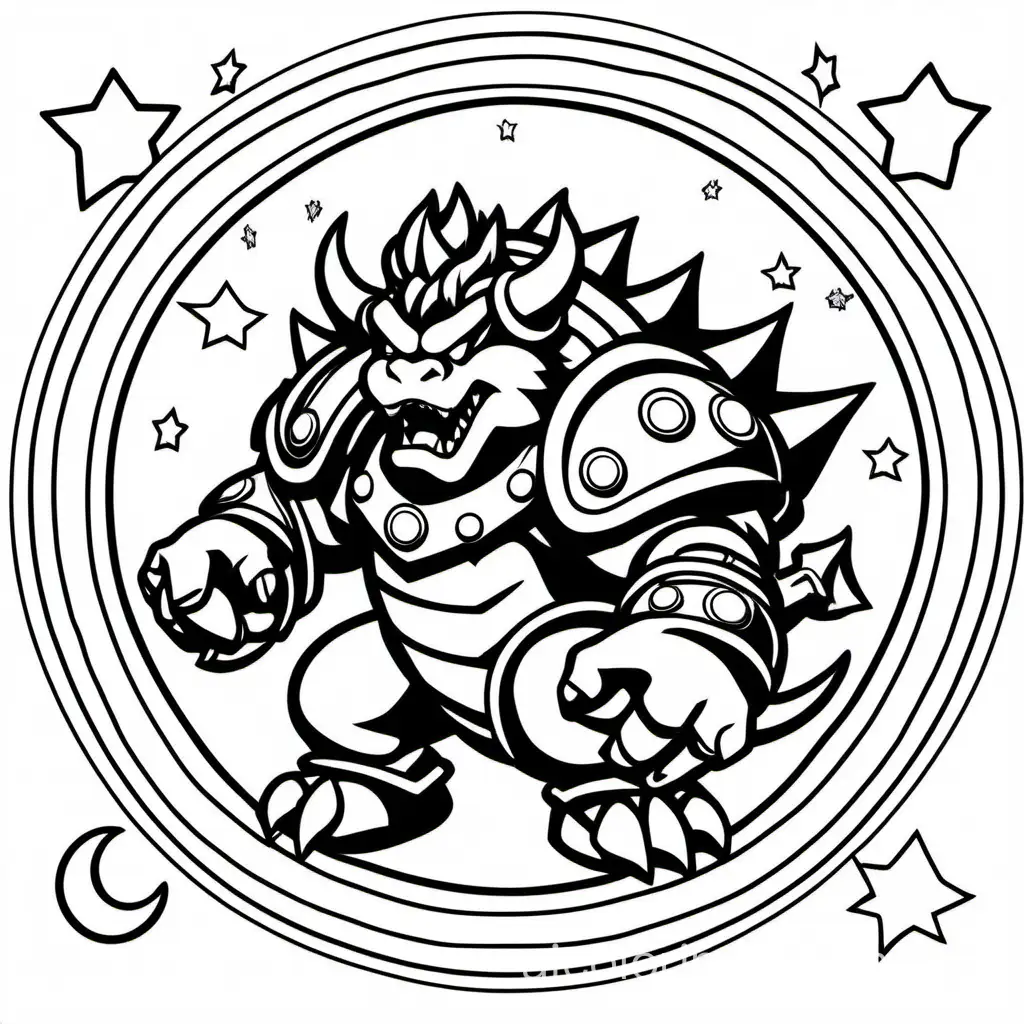 moon bowser, Coloring Page, black and white, line art, white background, Simplicity, Ample White Space. The background of the coloring page is plain white to make it easy for young children to color within the lines. The outlines of all the subjects are easy to distinguish, making it simple for kids to color without too much difficulty