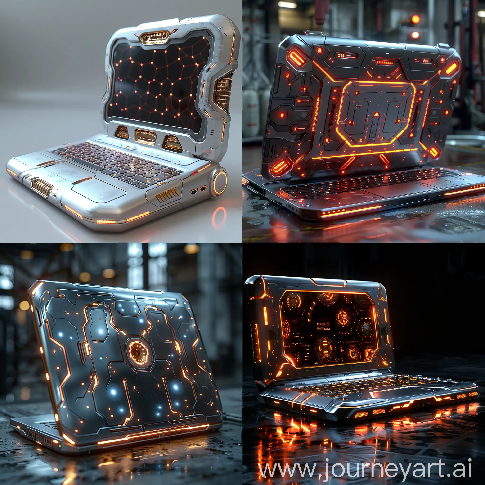 Futuristic laptop, ultra-modern, ultramodern, stainless steel, recycled materials, recyclable materials, smart materials, high tech, octane render --stylize 1000