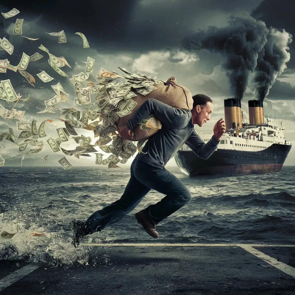 Человек сбежавший с корабля мешок за спиной из которого вылетают доллары 