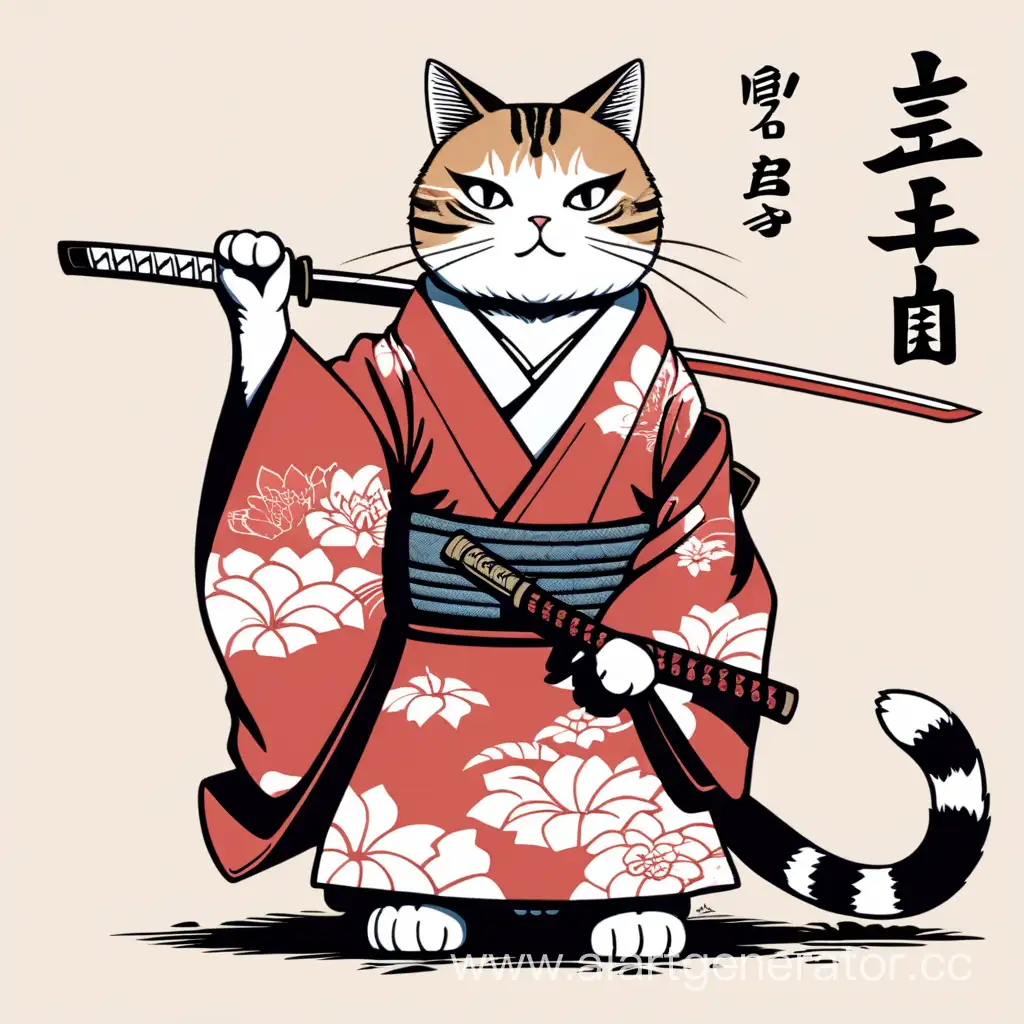Кот самурай в кимоно с японскими иероглифами держит катану над головой в полный рост
