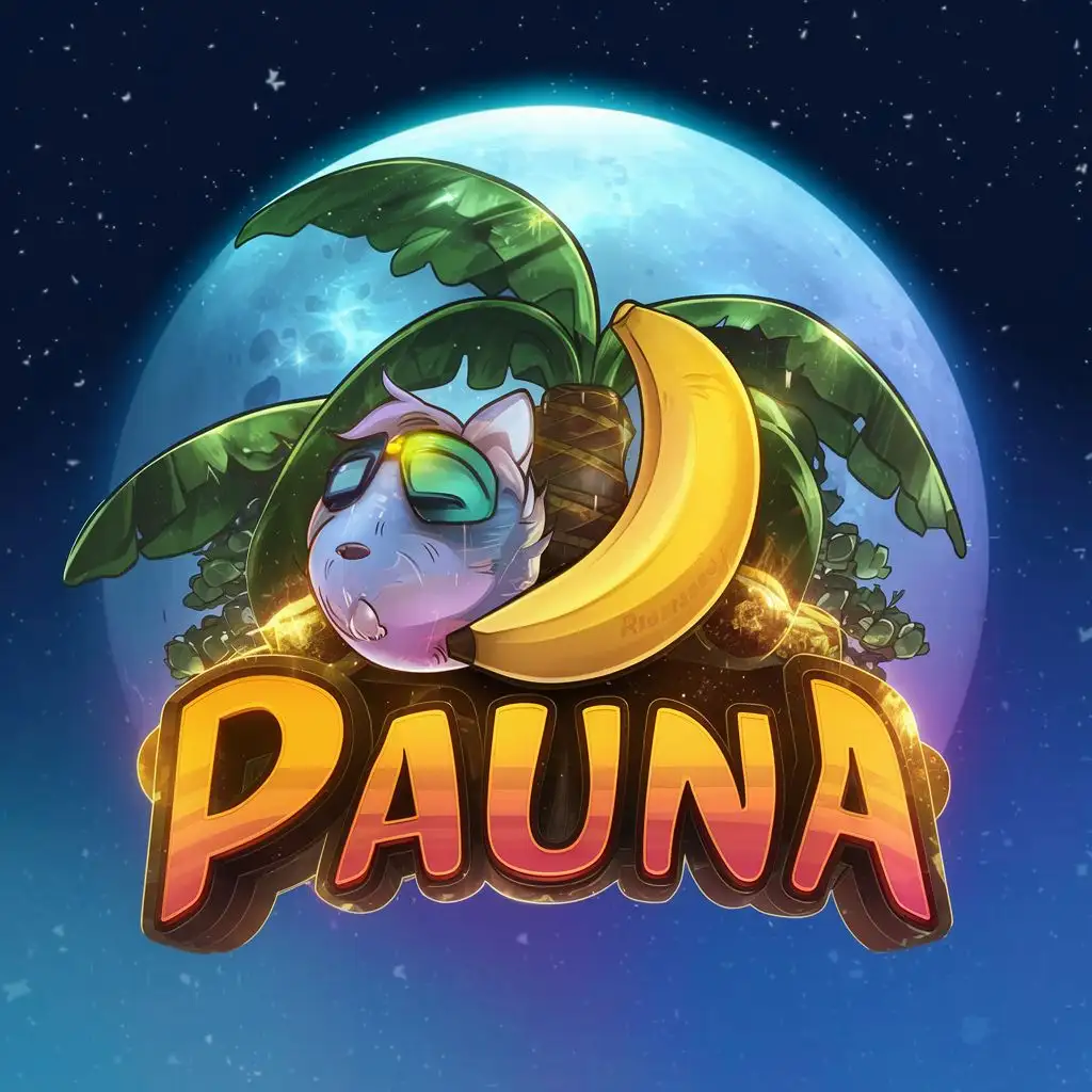 logo, crypto, moon, banana, palm, cartoon, with the text "PAUNA", typography