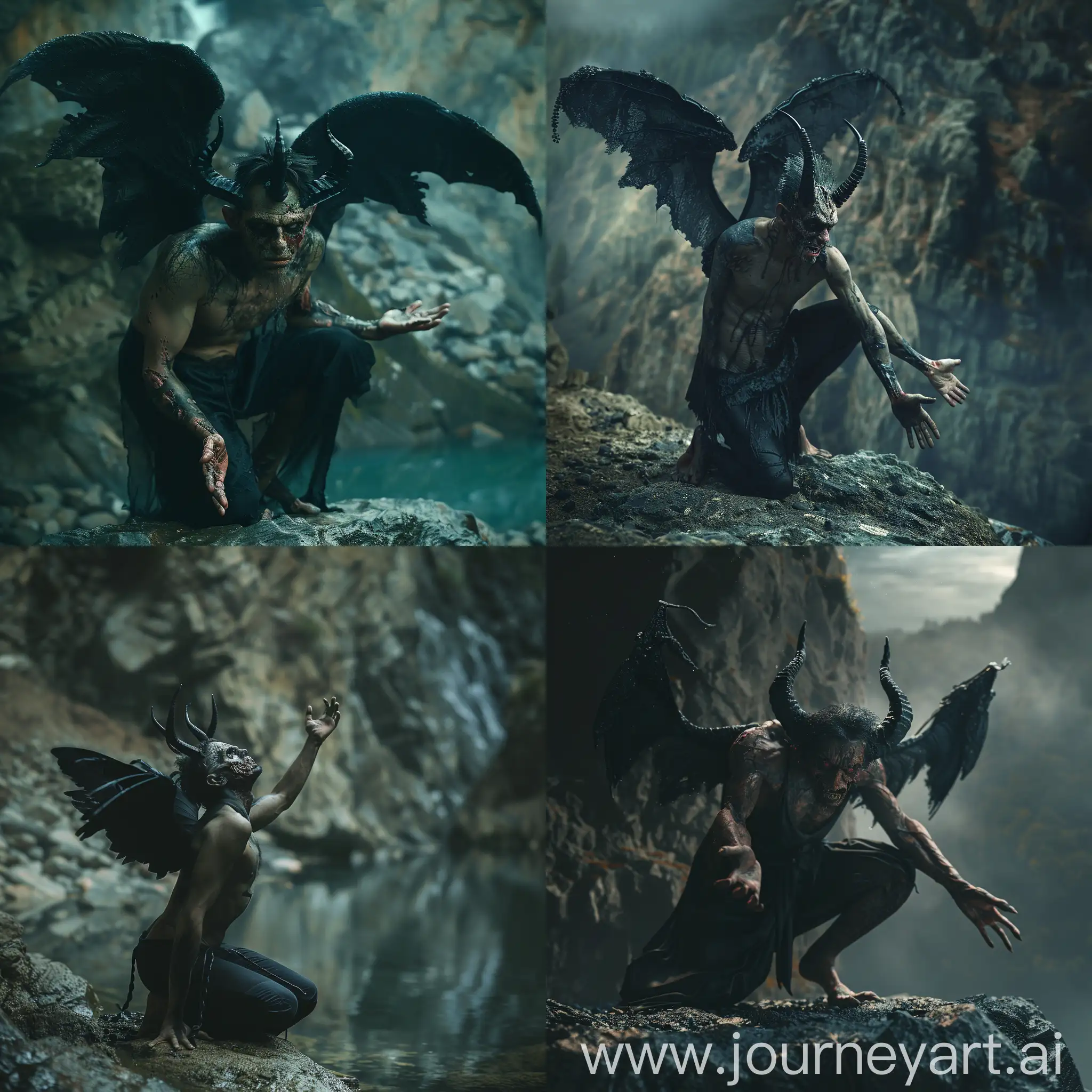 half devil man with black horns and black small wings, kneeling, his arms are open, he is on a rock near a mountain, dark colors, his face is rotten, film noir, dramatic lighting