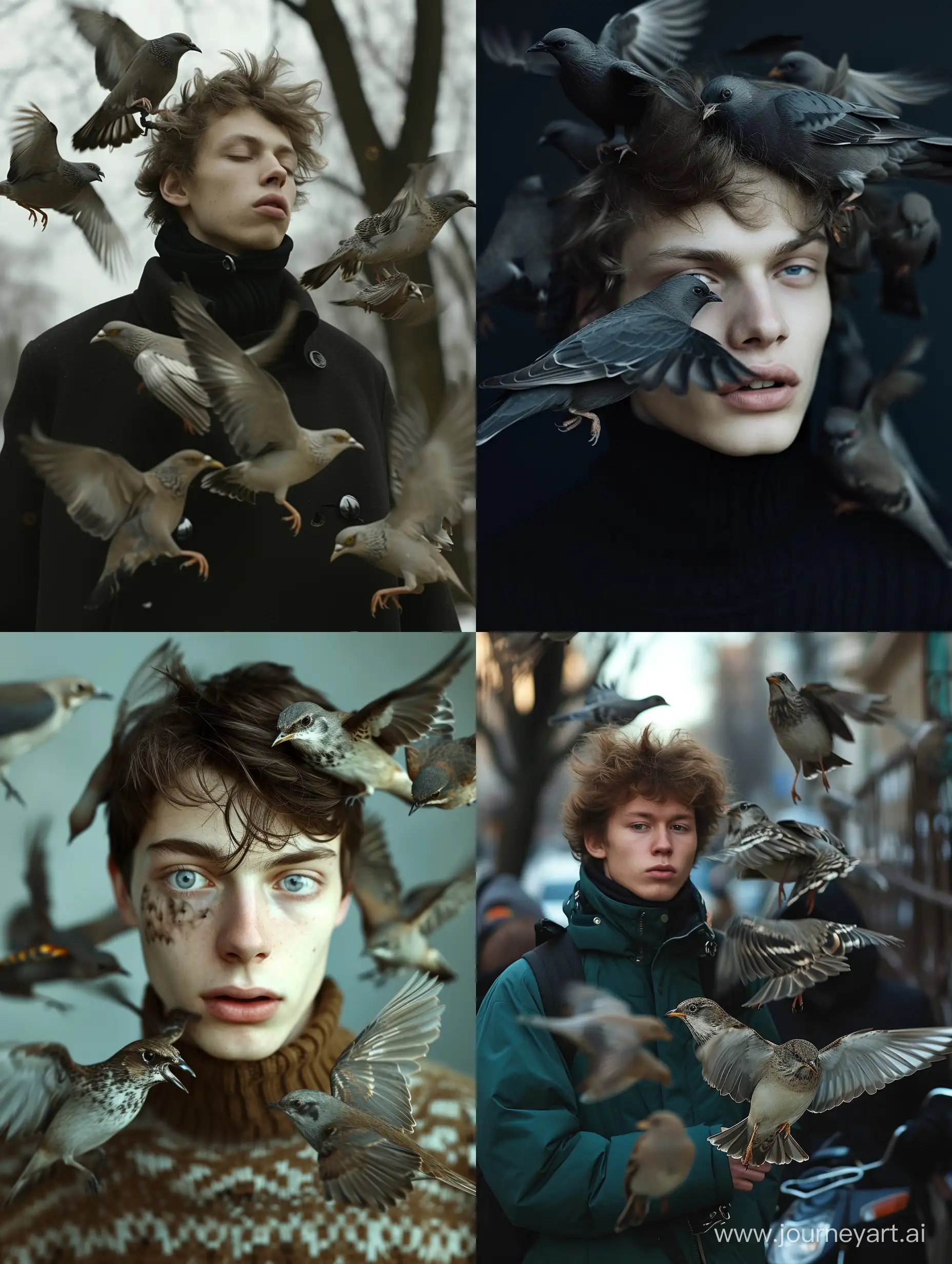 hyperrealistic photo a 20 y.o slavic guy with birds in fashion style Annie Leibovitz