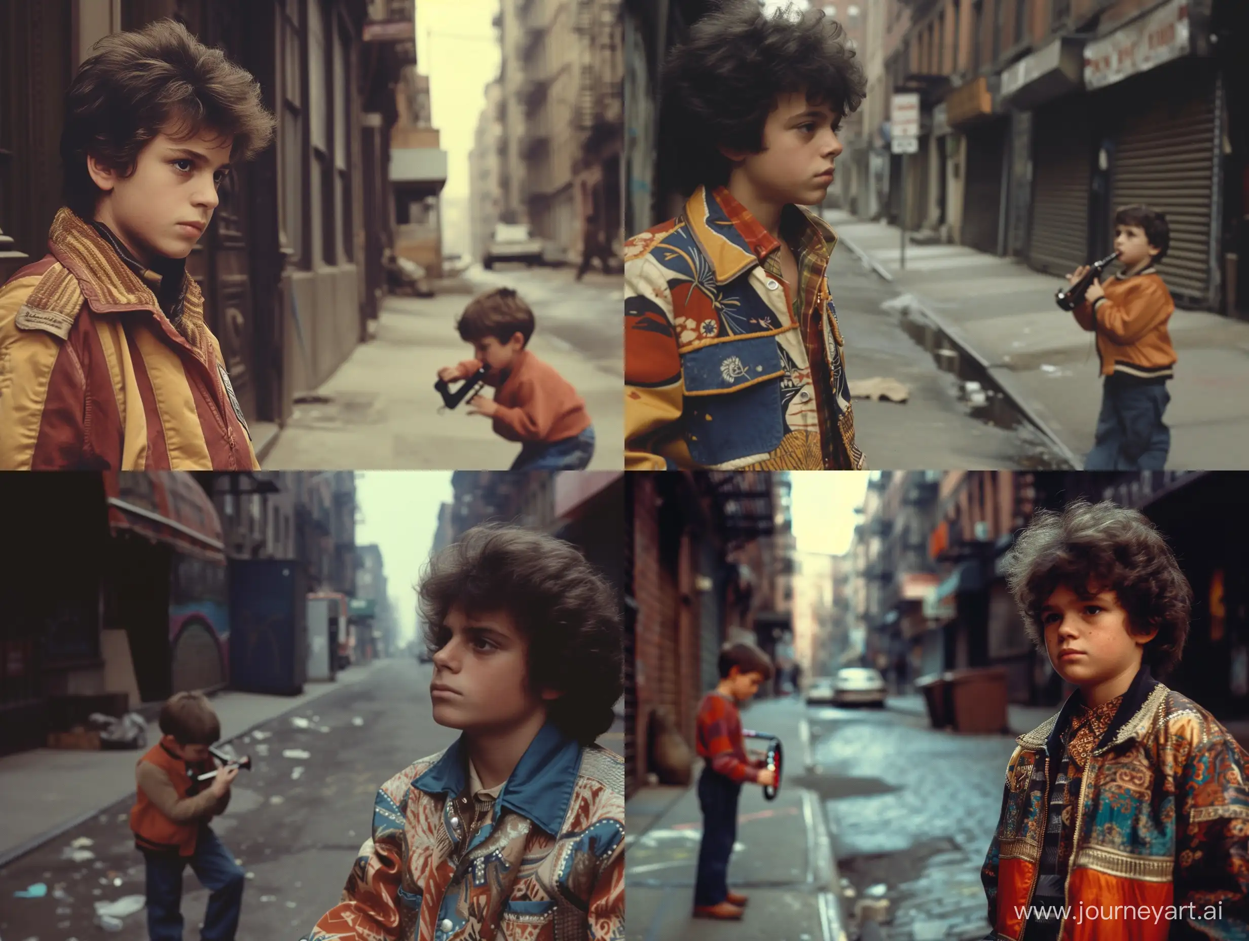 A young Billy Joel in 1970s jacket and hairstyle standing by a melancholic New York street, watching a kid boy playing harmonica on the street, atmospheric scene, depth of field