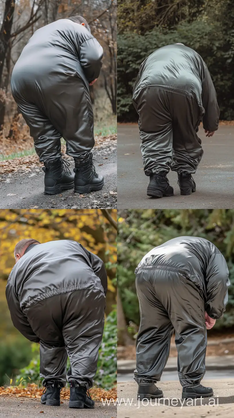 Back view photo of a chubby man aged 70 wearing a silk dark grey tracksuit. Black Hiking Boots. He is bending over. Outside. --style raw --ar 9:16 --v 6