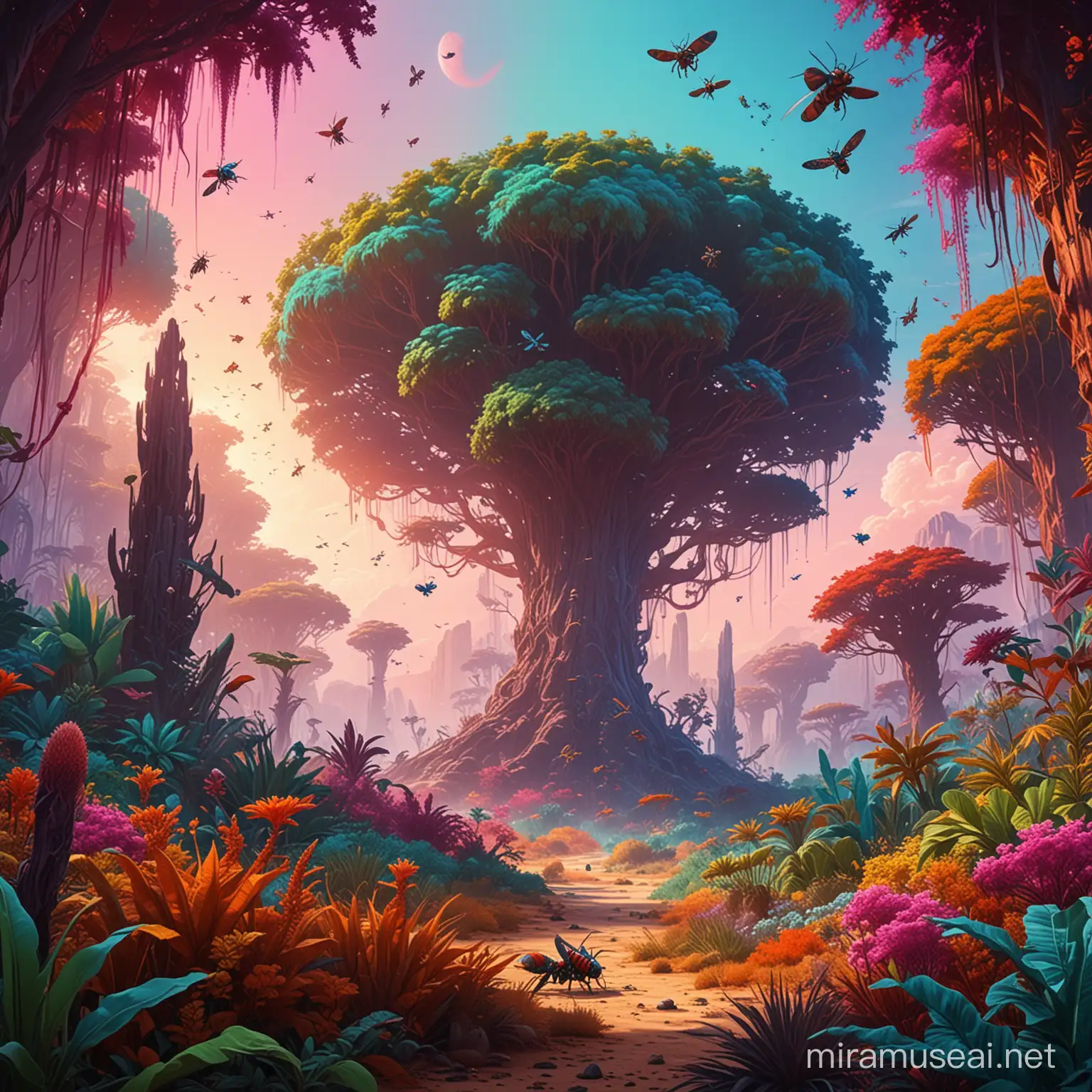 lush landscape on an alien planet with large tree-like plants, shrubs with vibrant colors, flying insects and large predator in the foreground, Contemporary art