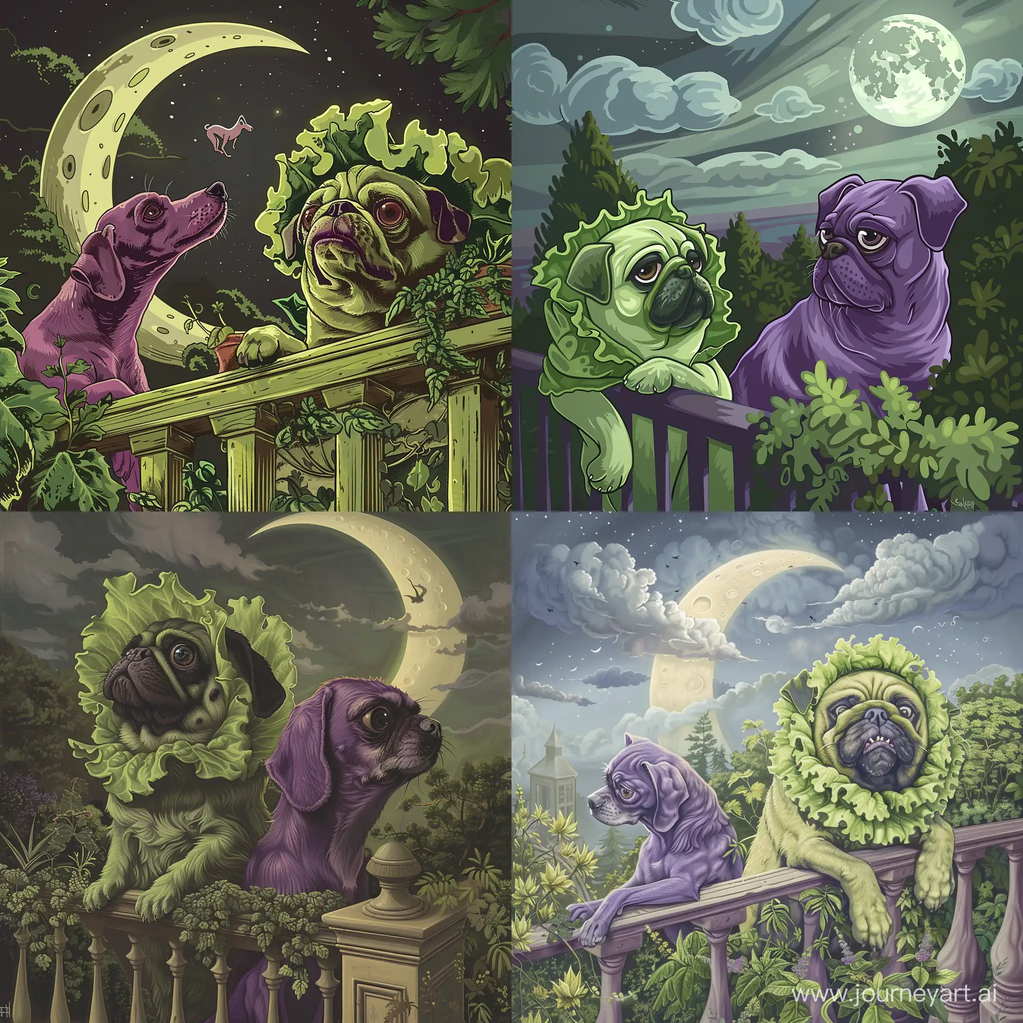 grumpy green lettuce pug dog, with purple greyhound, on the balcony, illustration, plants, semi-realistic, saluki in the moon, some soft trees in the background