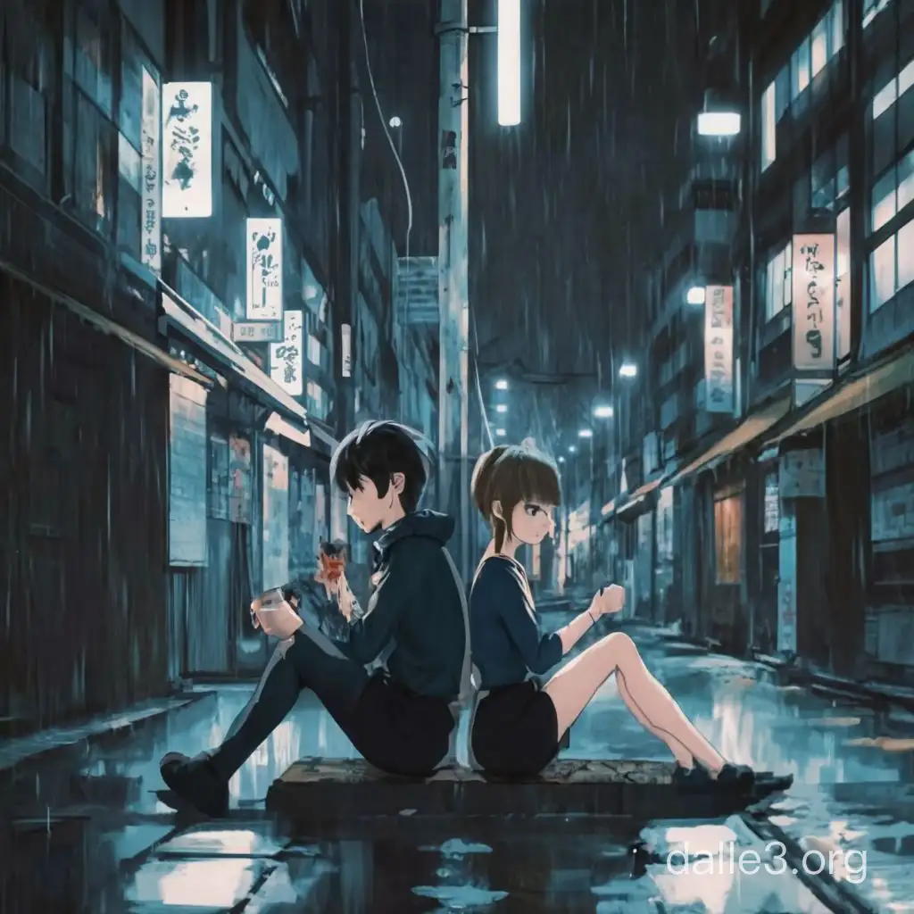 Anime Couple Sitting in Rainy Japanese Street at Night | Dalle3 AI