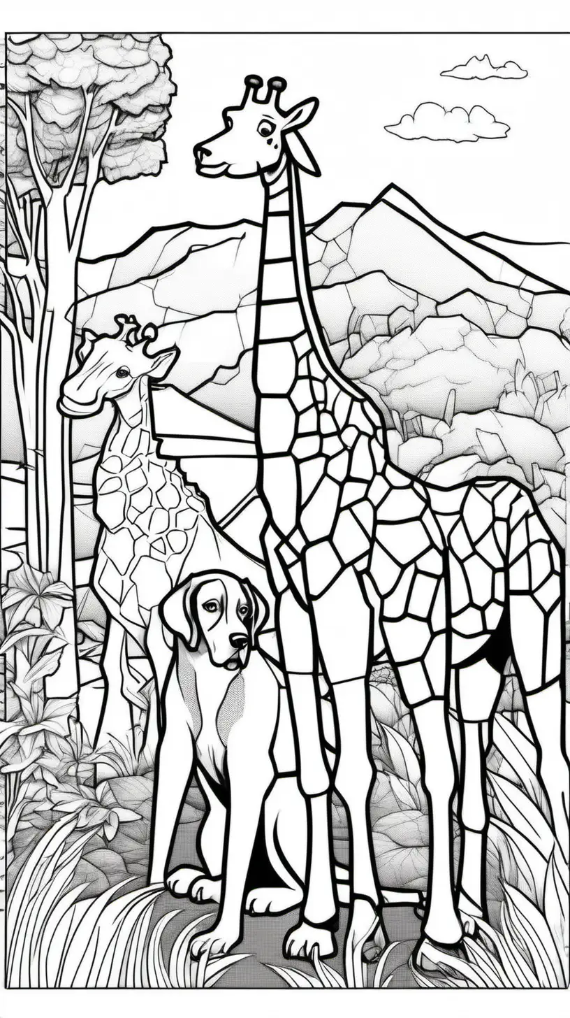 Happy Swiss Mountain Dogs and Giraffe Blocky Style Coloring Pages for Adults