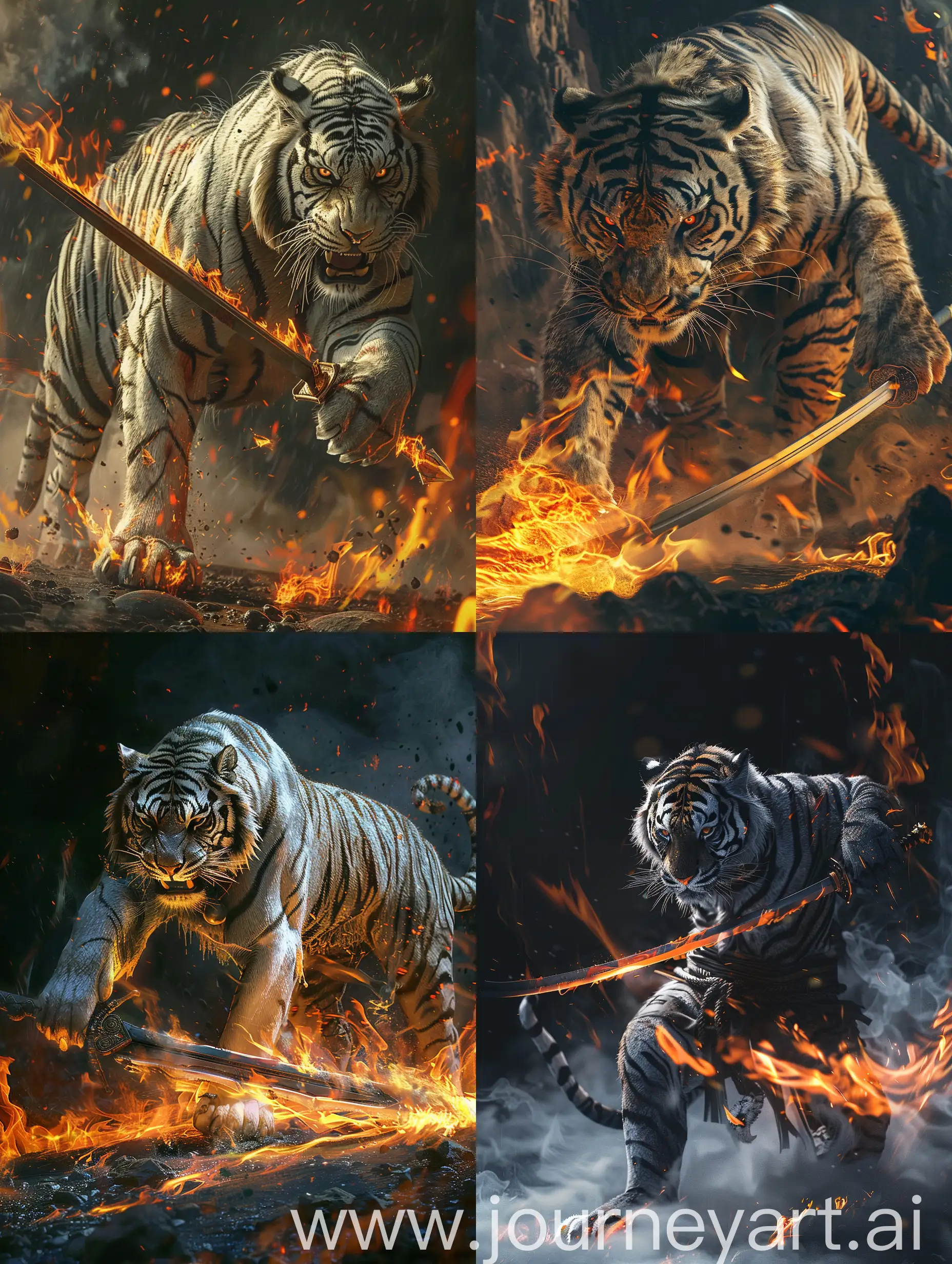 a humanlike tiger slaying fire with sword, in the style of unreal engine 5, bold character designs, intricate use of hatching, strong sense of light, dark white, calculated, realistic and hyper-detailed renderings