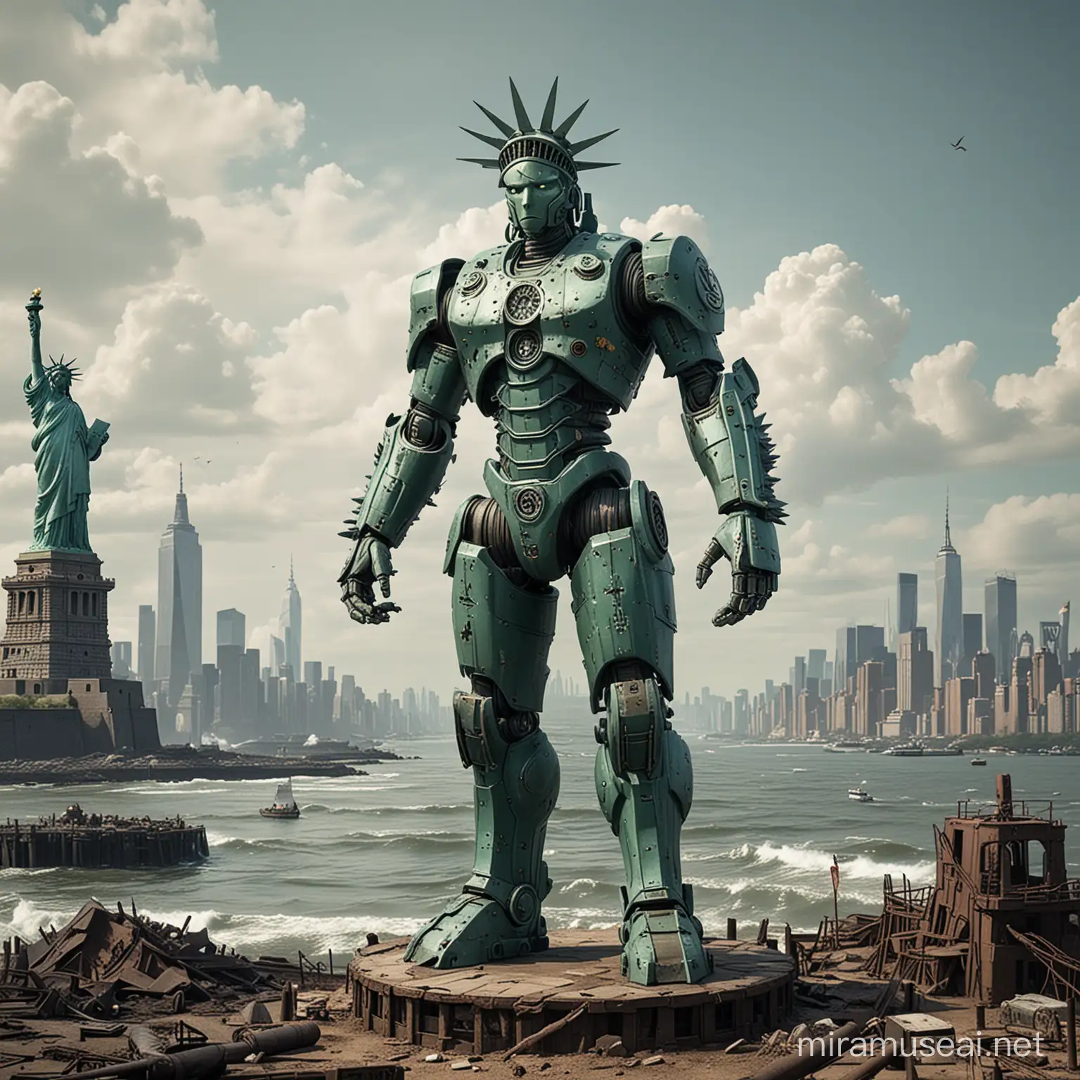 Gigantic Kaiju Robot Emerges from PostApocalyptic Ruins near Statue of Liberty