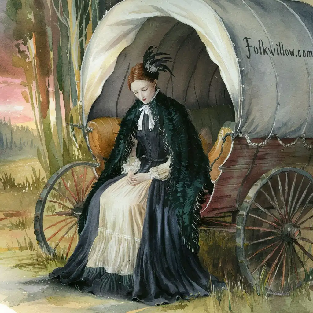 Victorian Lady in Pastel Watercolor Gypsy Wagon