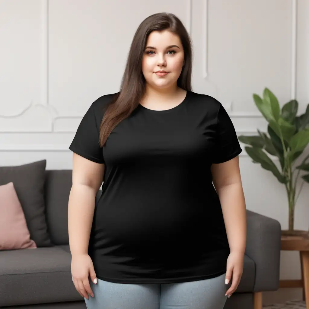 PLAIN black T-SHIRT, bella 3000 mock-up photo, woman medium length hair, very chubby, 
BACKGROUND ,living room
