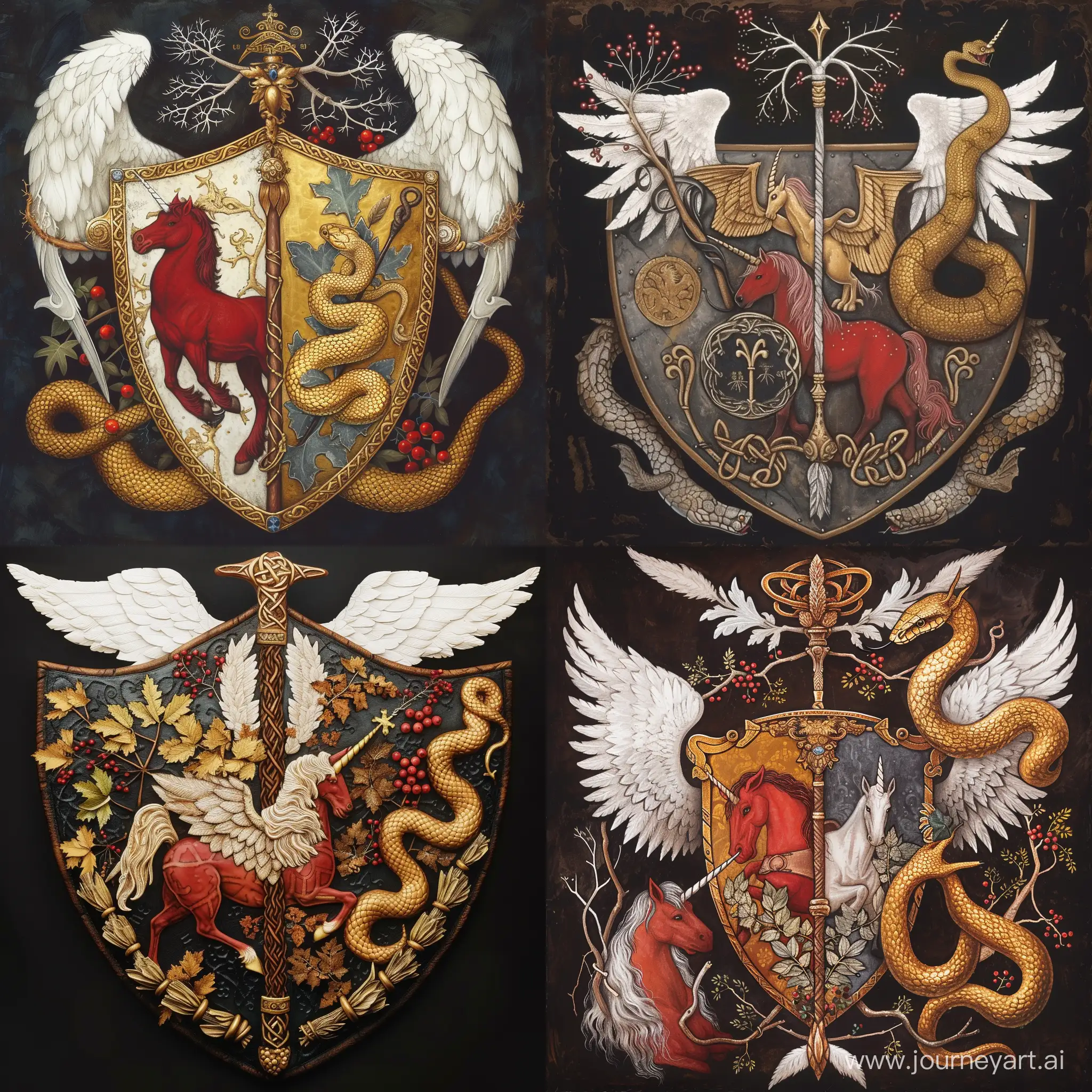 The coat of arms on the shield, Celtic heraldry, in the right corner a golden snake, in the center a druid staff, in the left corner a red unicorn, at the top elder branches with berries and blackthorn, white wings on the sides
