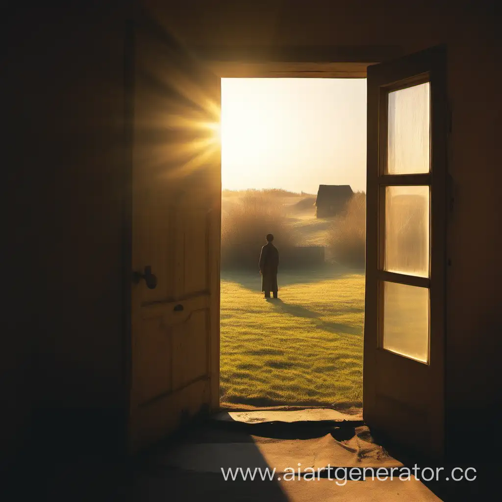 Enigmatic-Sunrise-Silhouette-of-a-Traveler-Beyond-an-Open-Door