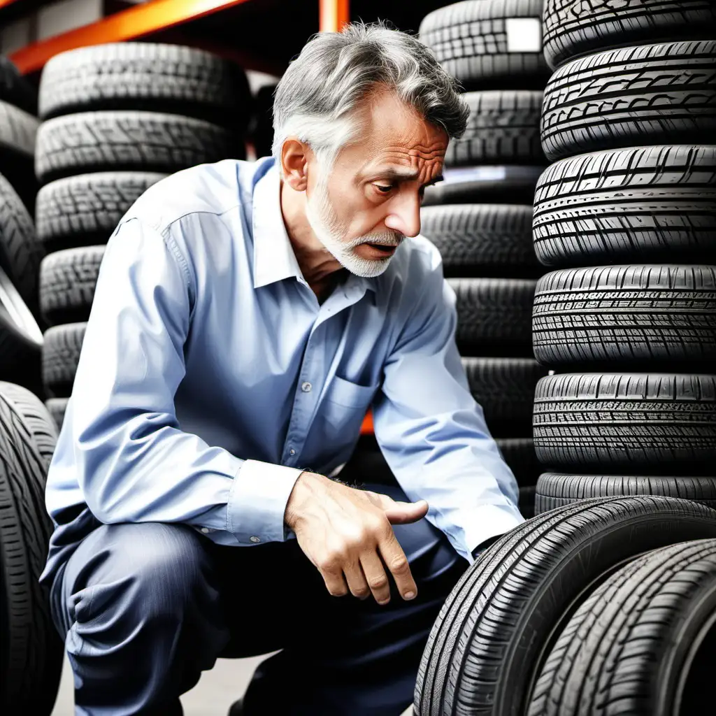 man worried about the quality of his tires, the tires should be worn out and old
